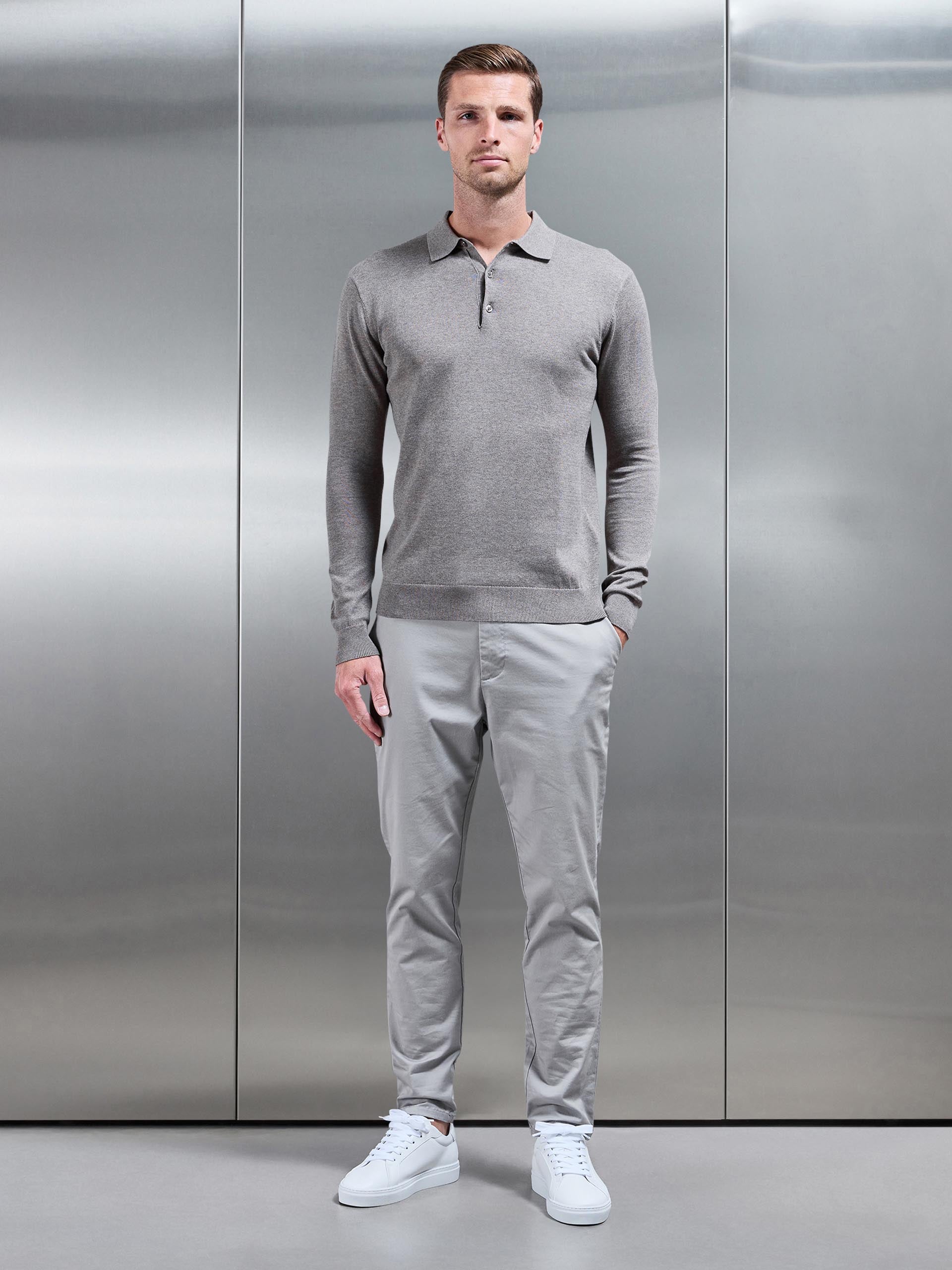 Cotton Knitted Long Sleeve Button Polo Shirt in Taupe Marl