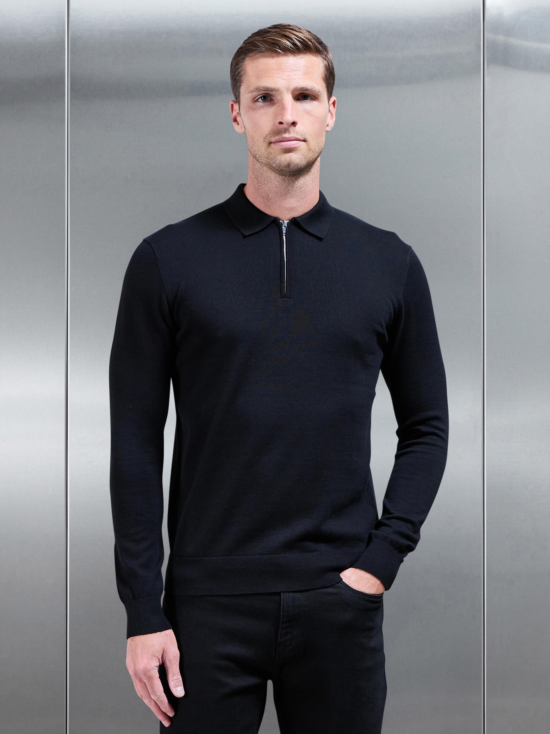 Cotton Knitted Long Sleeve Half Zip Polo Shirt in Black