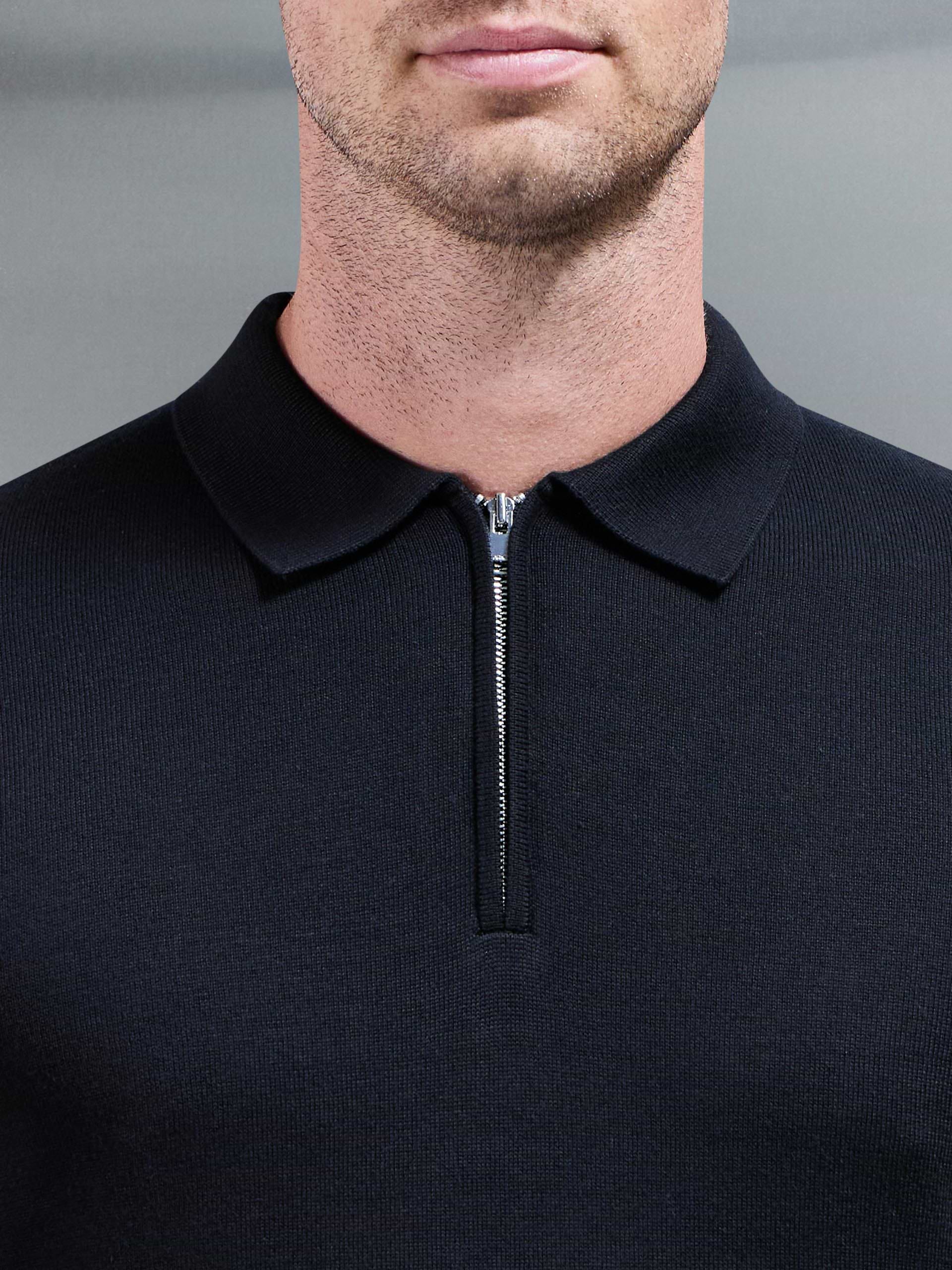 Cotton Knitted Long Sleeve Half Zip Polo Shirt in Black