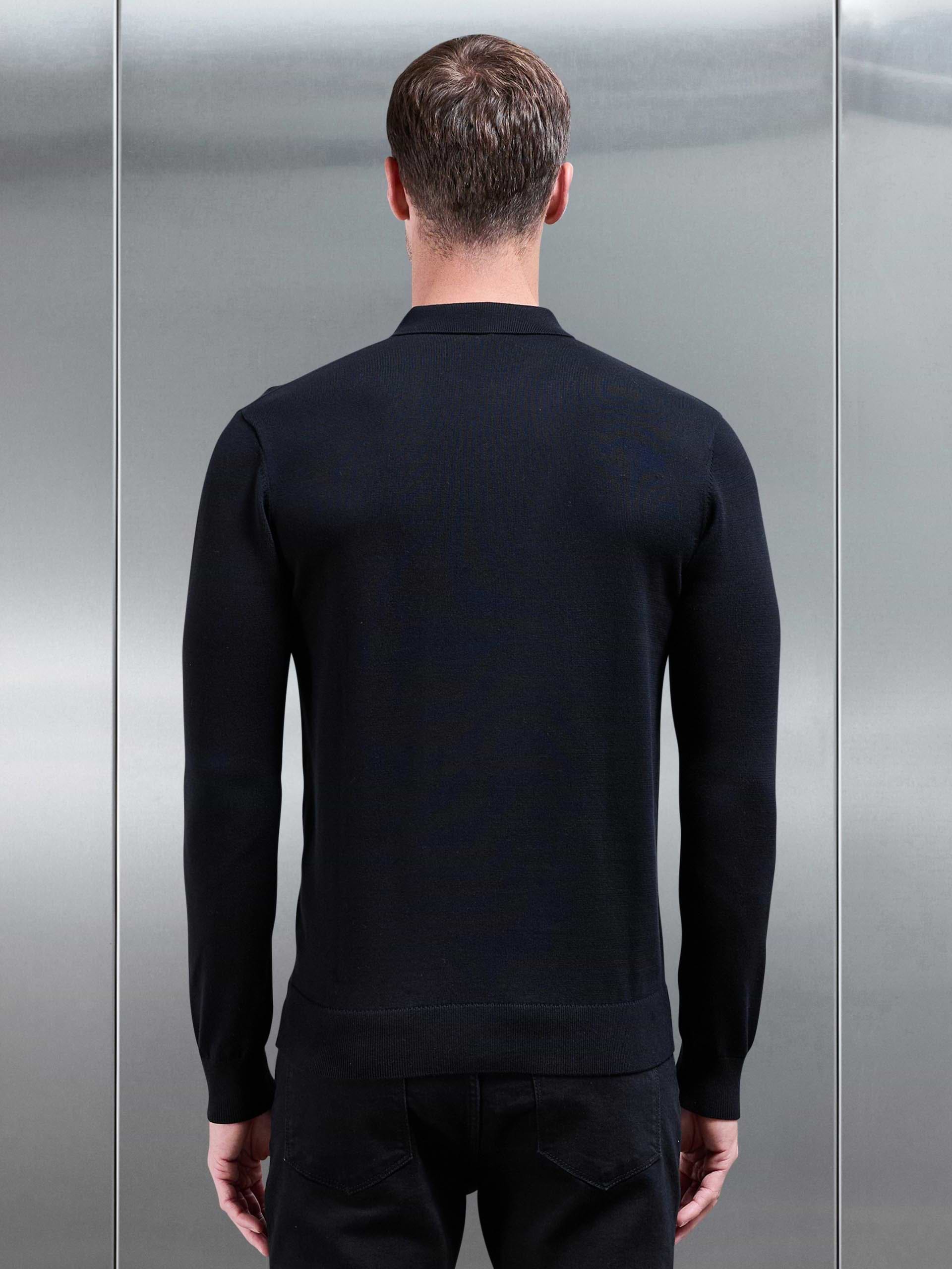 Cotton Knitted Long Sleeve Half Zip Polo Shirt in Black