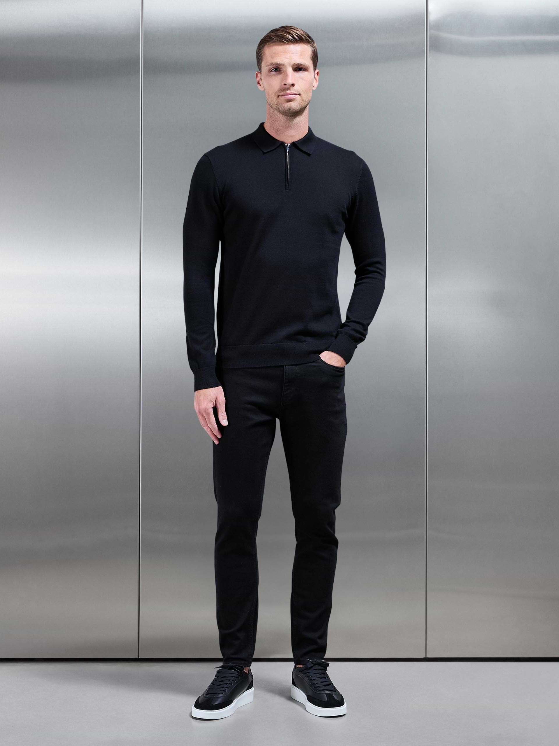 Cotton Knitted Long Sleeve Half Zip Polo Shirt in Black