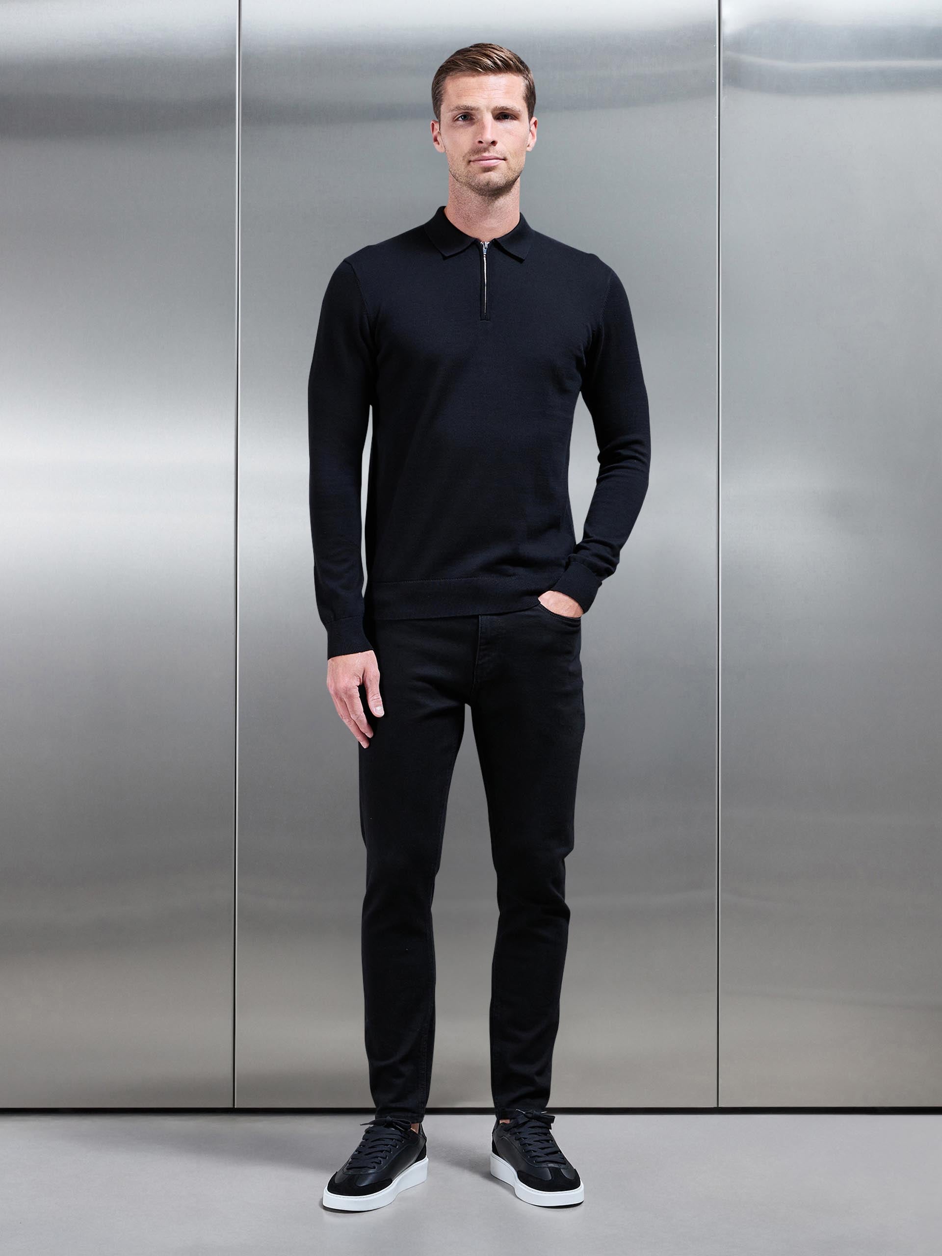 Cotton Knitted Long Sleeve Half Zip Polo Shirt in Black