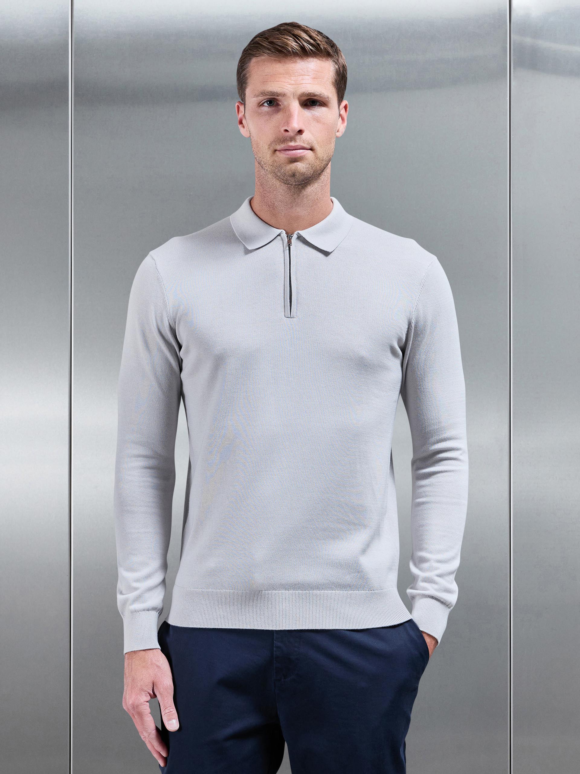 Cotton Knitted Long Sleeve Half Zip Polo Shirt in Mid Grey | ARNE UK