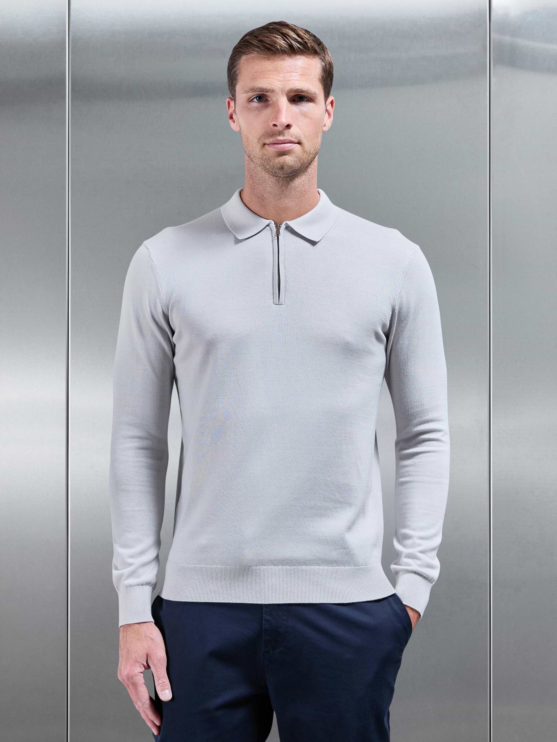 Cotton Knitted Long Sleeve Half Zip Polo Shirt in Mid Grey