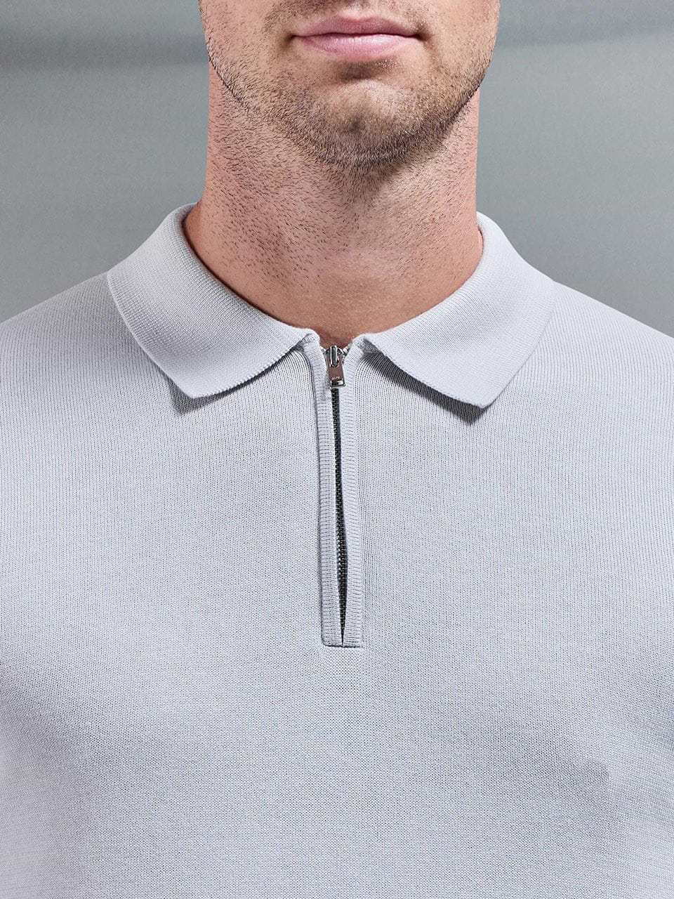 Cotton Knitted Long Sleeve Half Zip Polo Shirt in Mid Grey