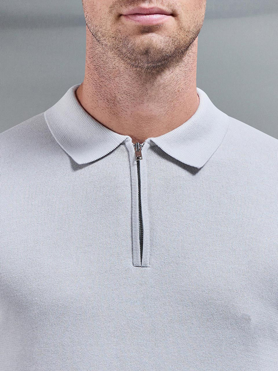 Cotton Knitted Long Sleeve Half Zip Polo Shirt in Mid Grey