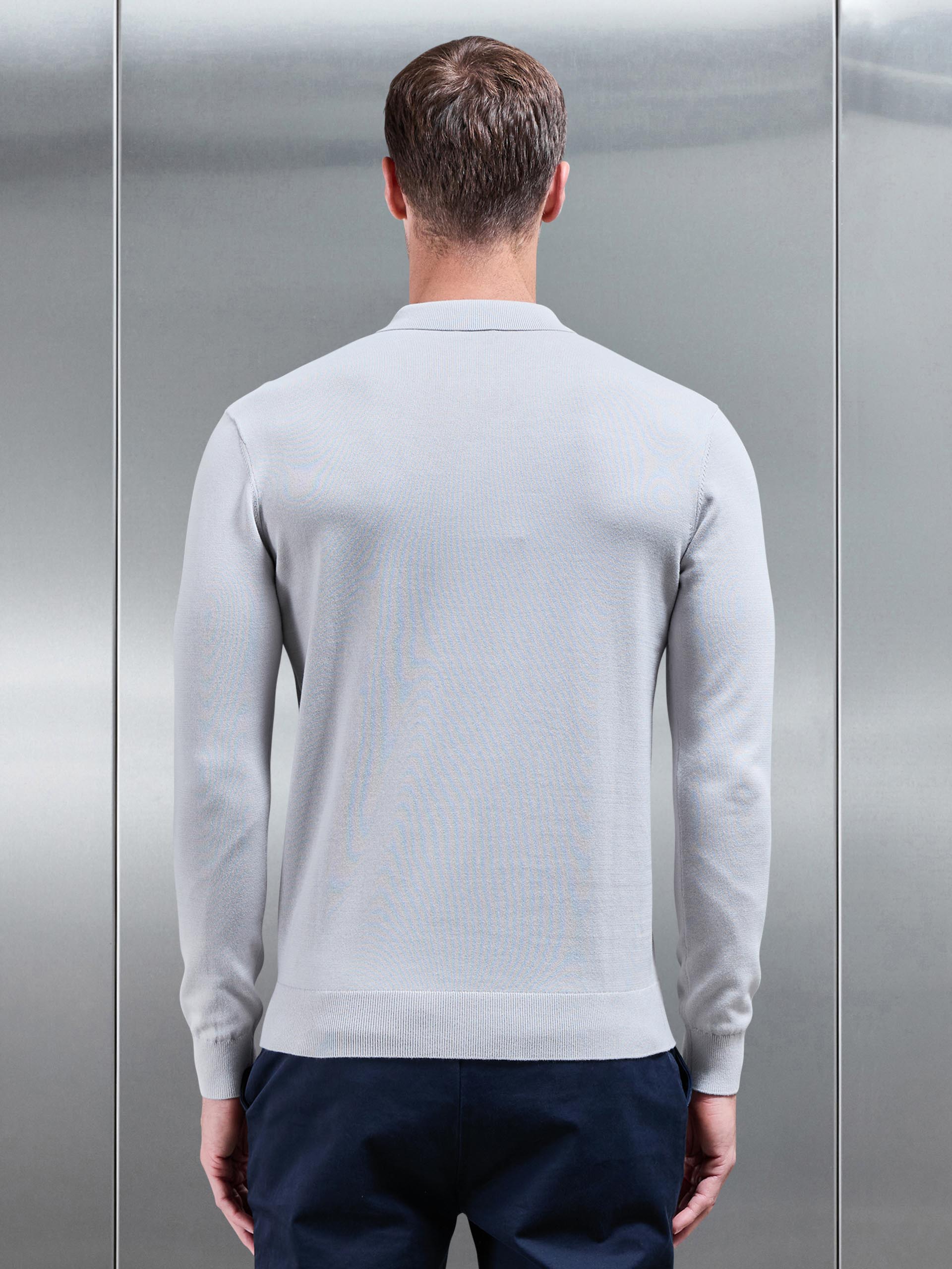 Cotton Knitted Long Sleeve Half Zip Polo Shirt in Mid Grey