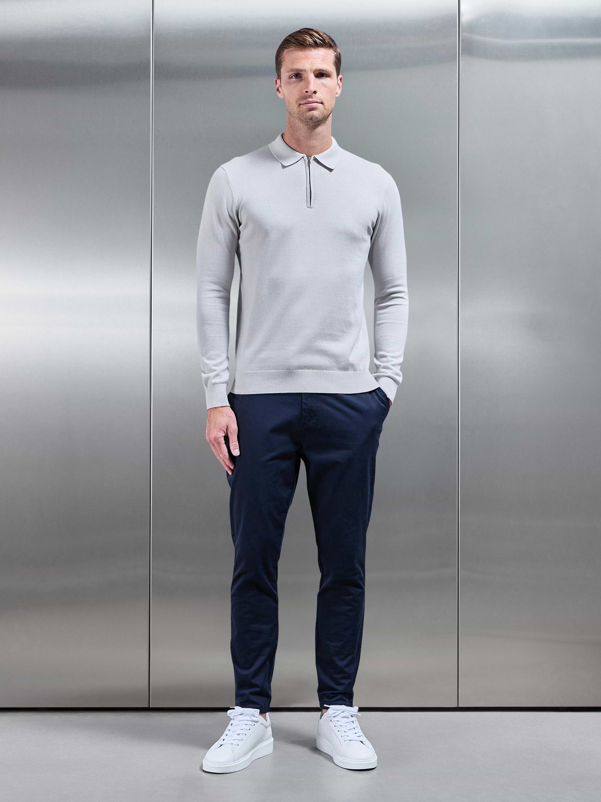 Cotton Knitted Long Sleeve Half Zip Polo Shirt in Mid Grey