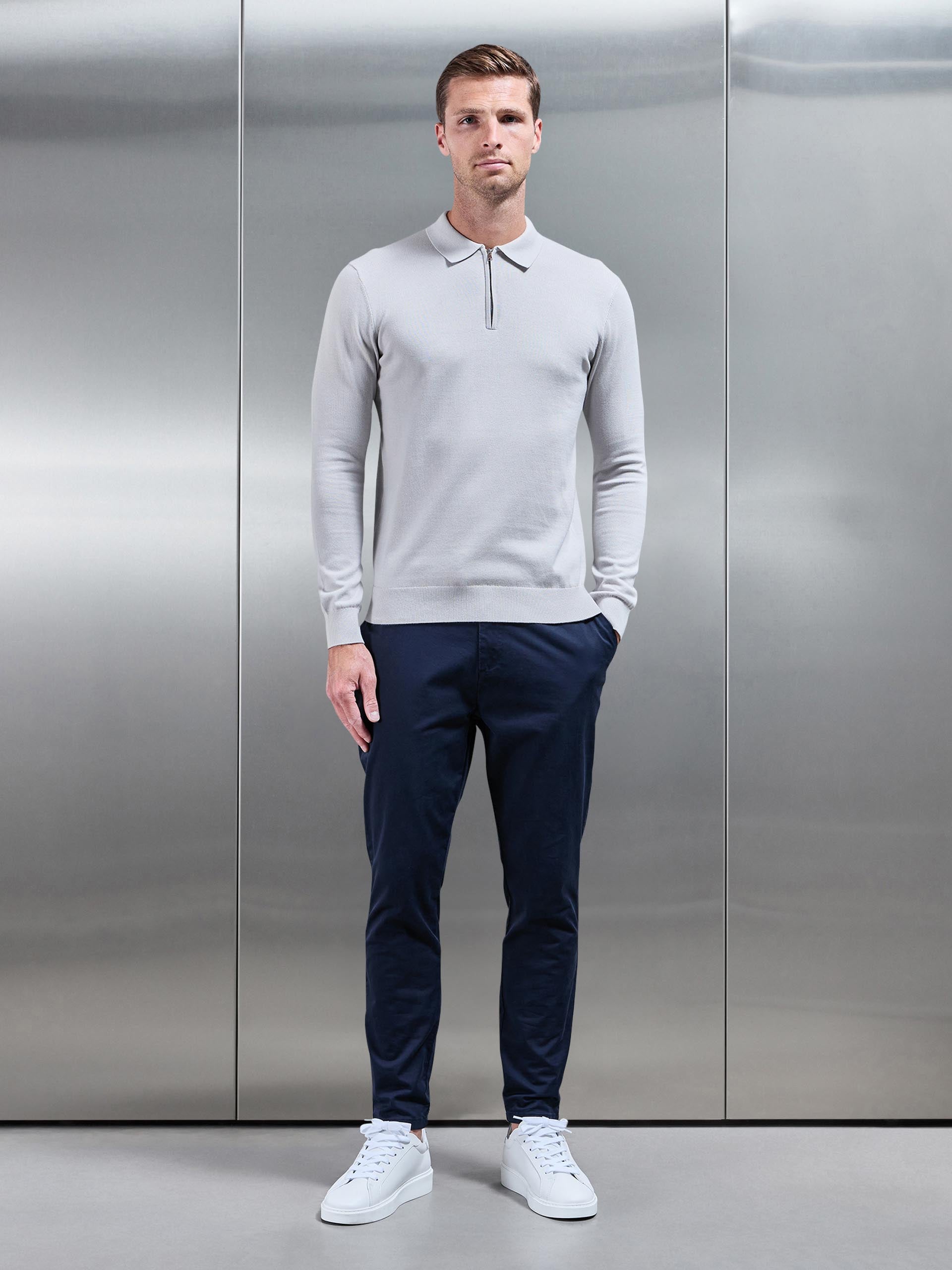 Cotton Knitted Long Sleeve Half Zip Polo Shirt in Mid Grey