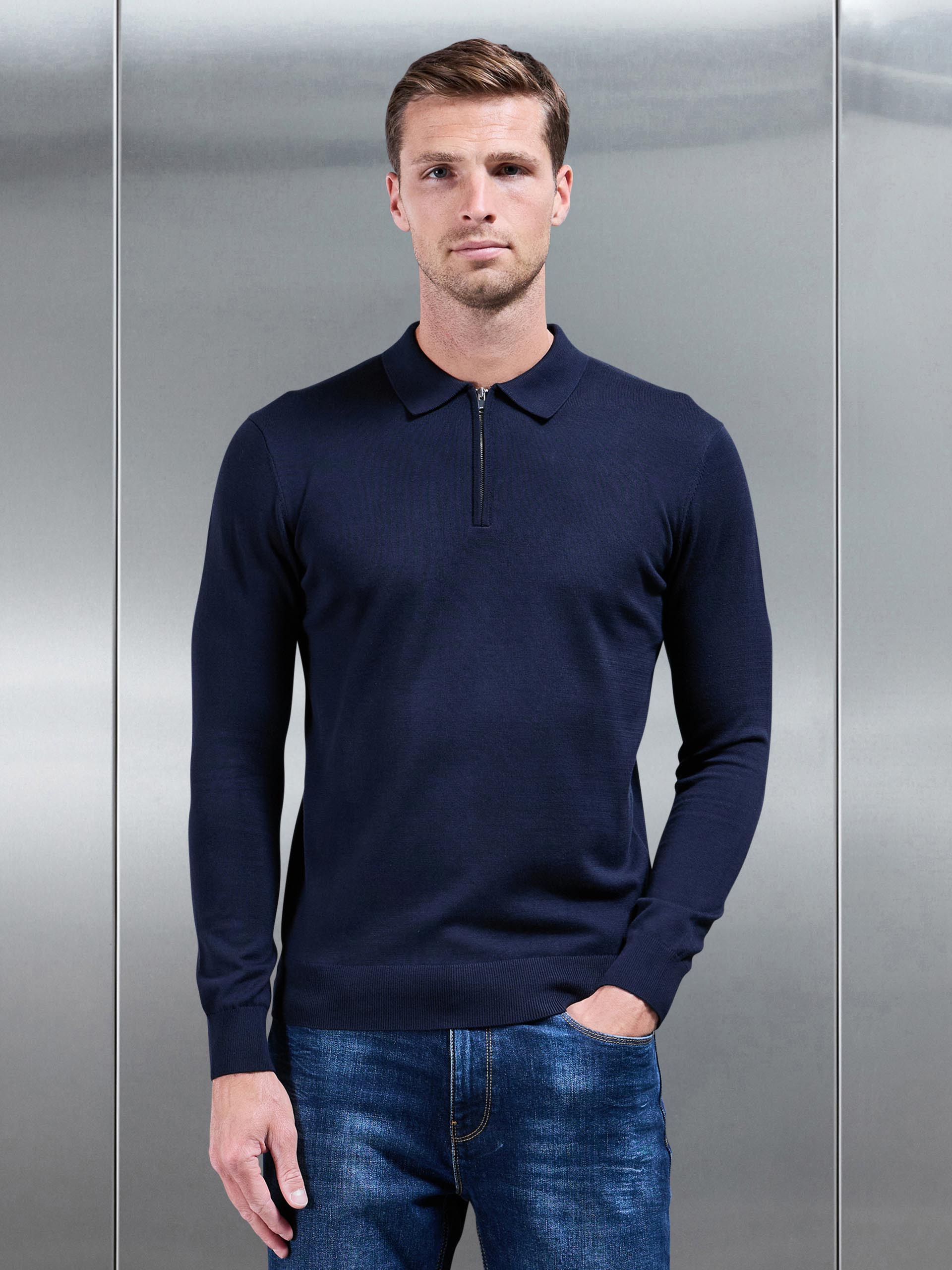 Cotton Knitted Long Sleeve Half Zip Polo Shirt in Navy