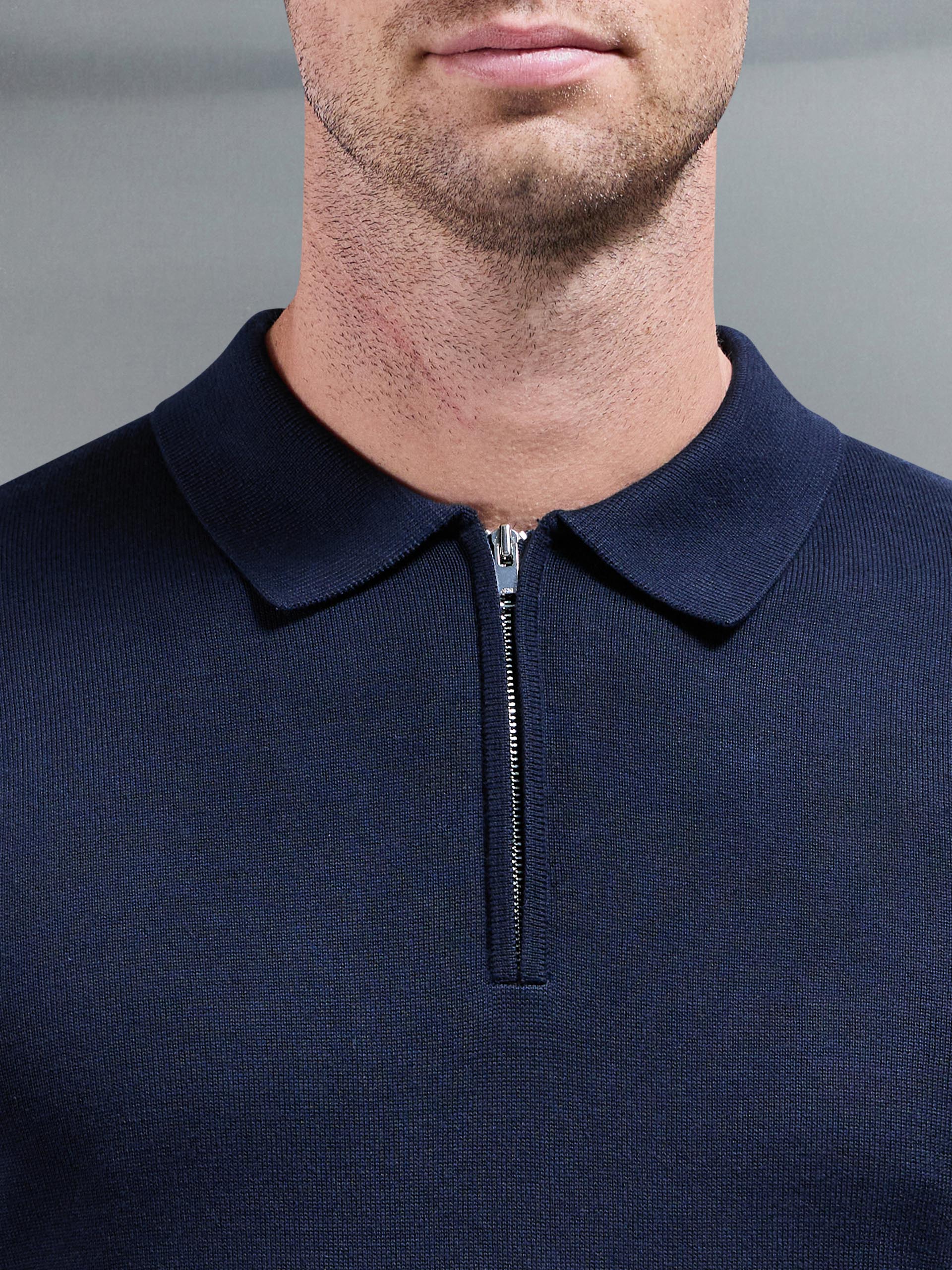 Cotton Knitted Long Sleeve Half Zip Polo Shirt in Navy