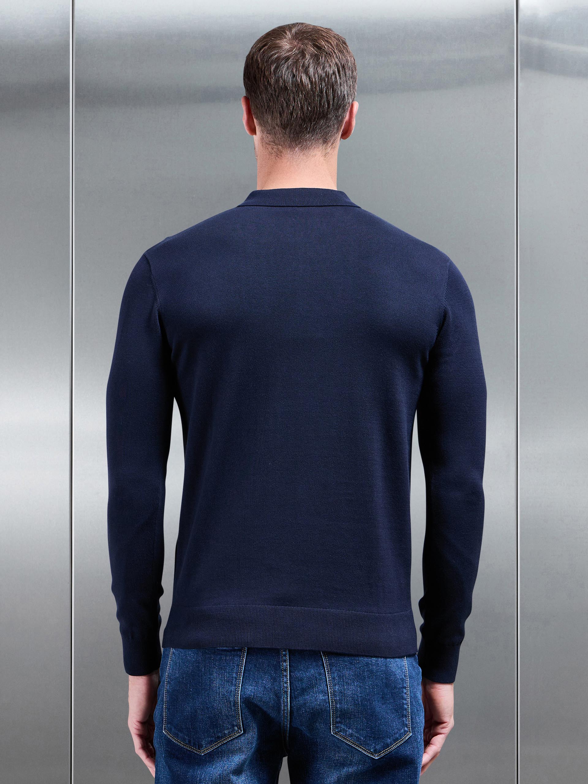 Cotton Knitted Long Sleeve Half Zip Polo Shirt in Navy