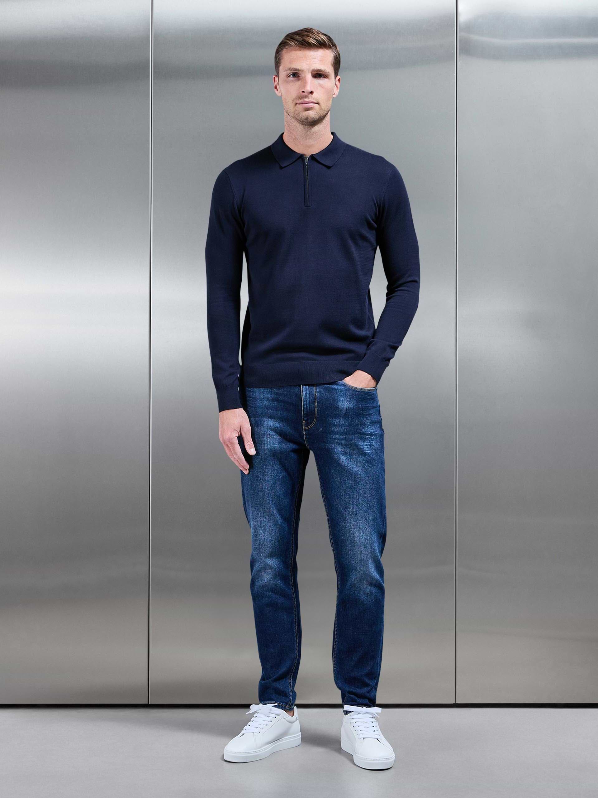 Cotton Knitted Long Sleeve Half Zip Polo Shirt in Navy