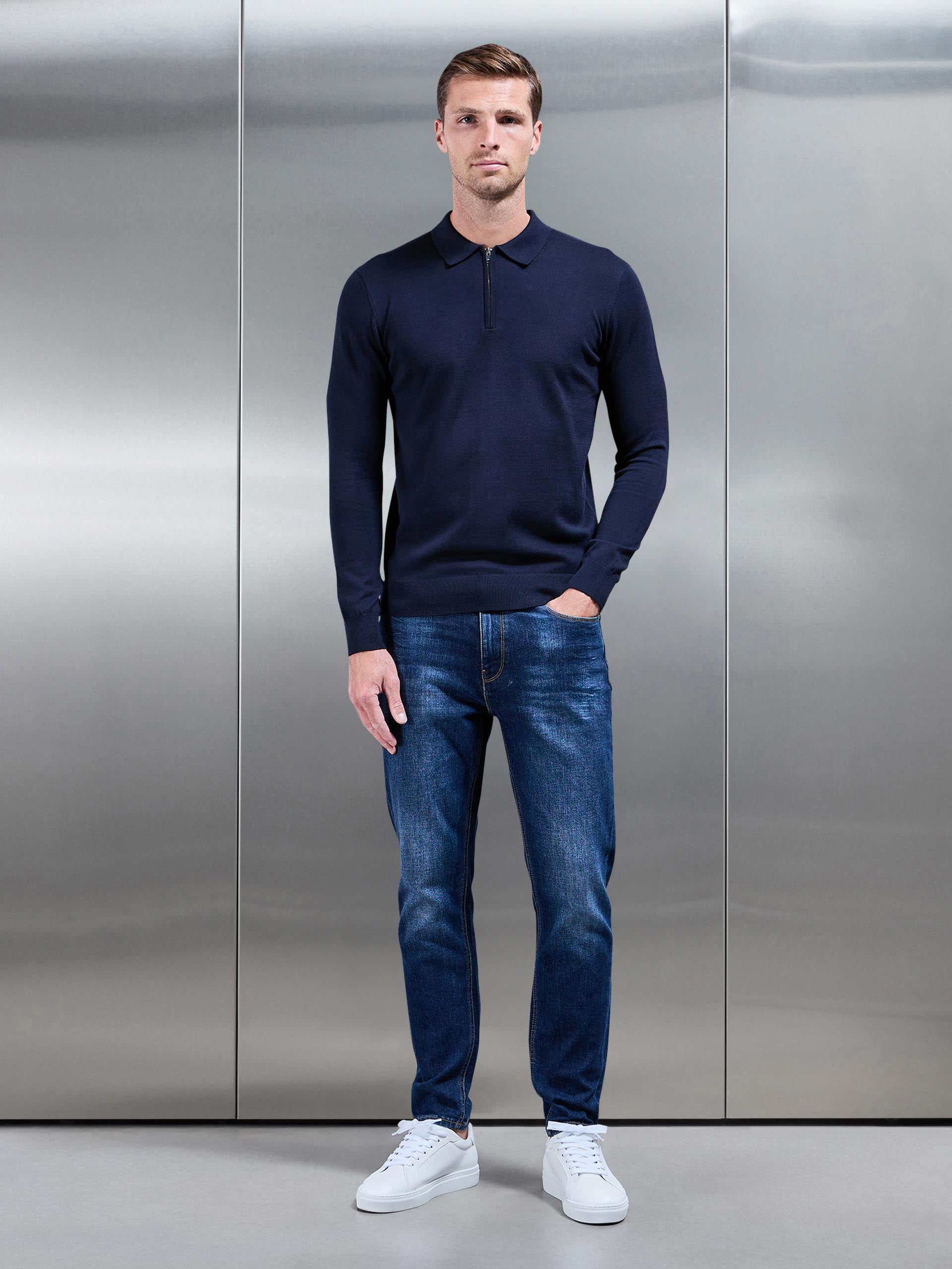 Cotton Knitted Long Sleeve Half Zip Polo Shirt in Navy