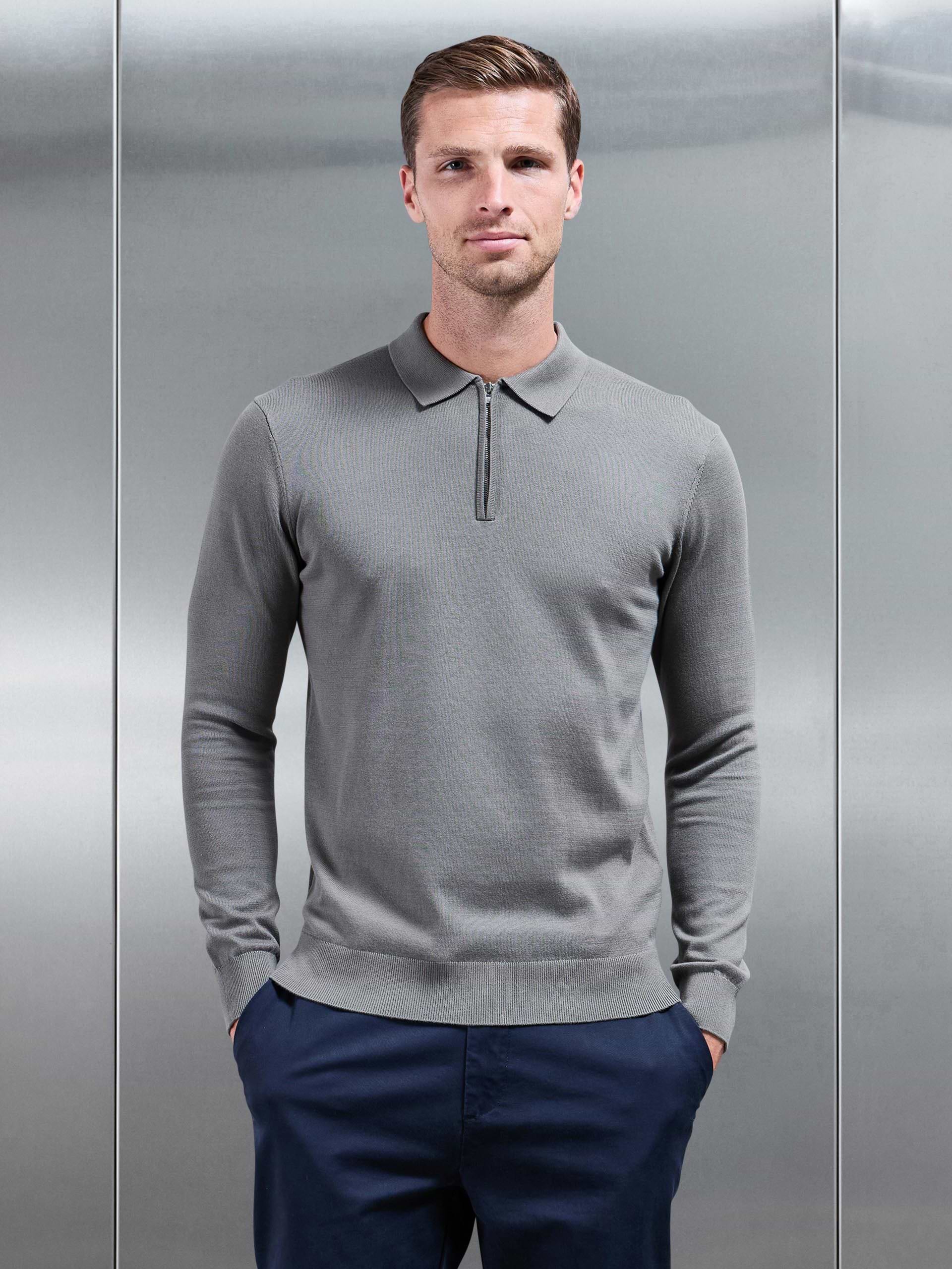 Cotton Knitted Long Sleeve Half Zip Polo Shirt in Sage