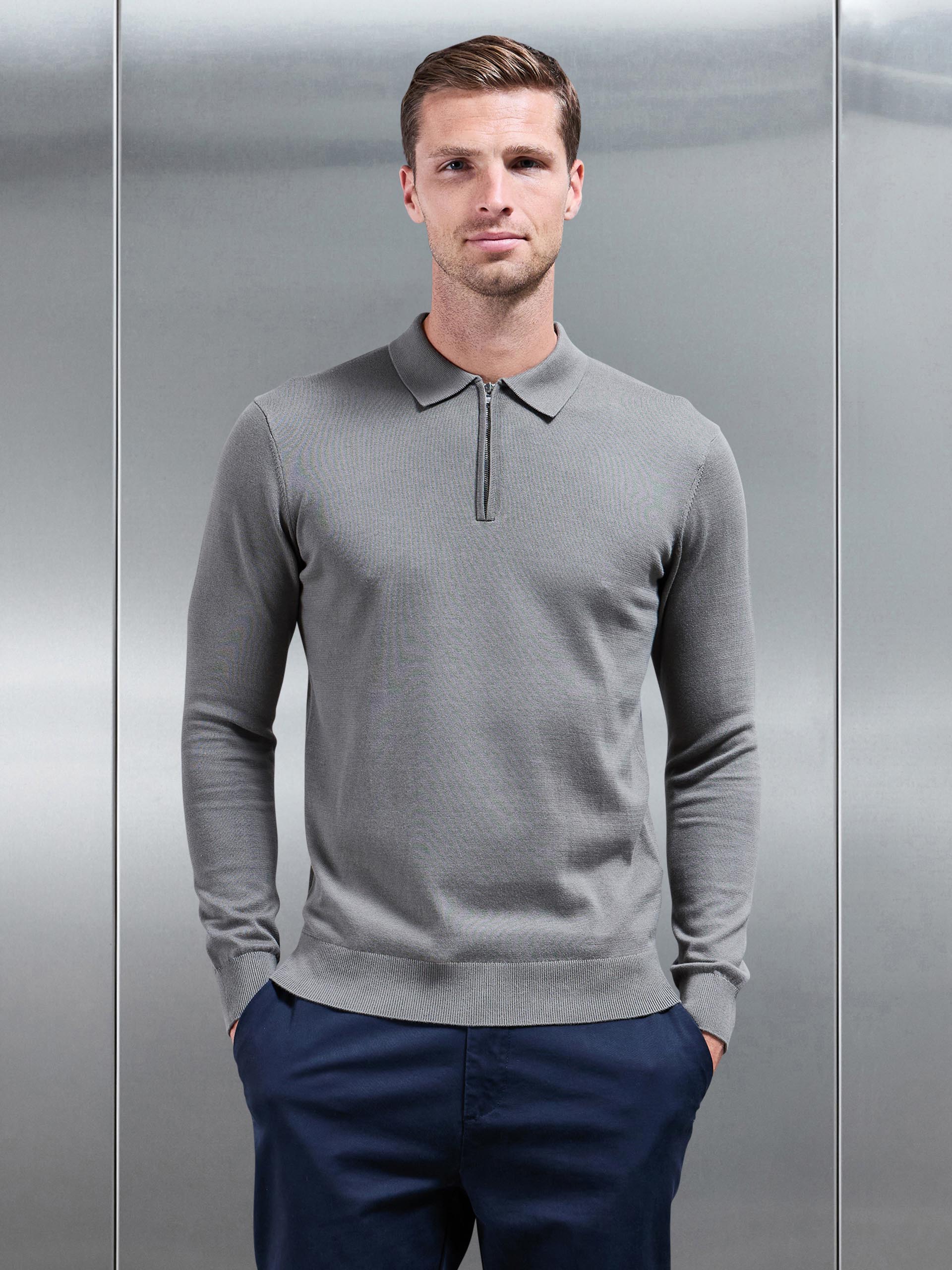Cotton Knitted Long Sleeve Half Zip Polo Shirt in Sage