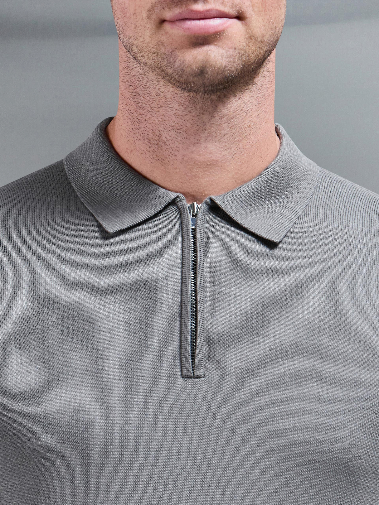 Cotton Knitted Long Sleeve Half Zip Polo Shirt in Sage | ARNE UK
