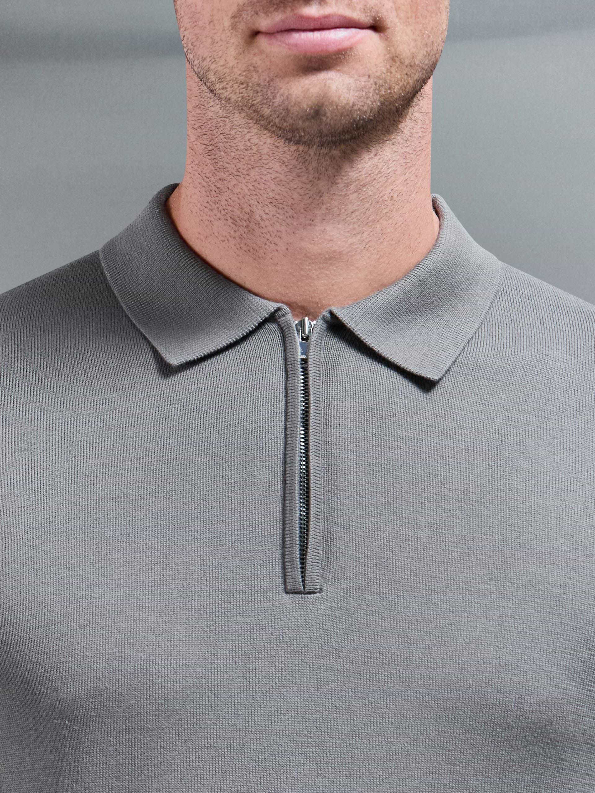 Cotton Knitted Long Sleeve Half Zip Polo Shirt in Sage