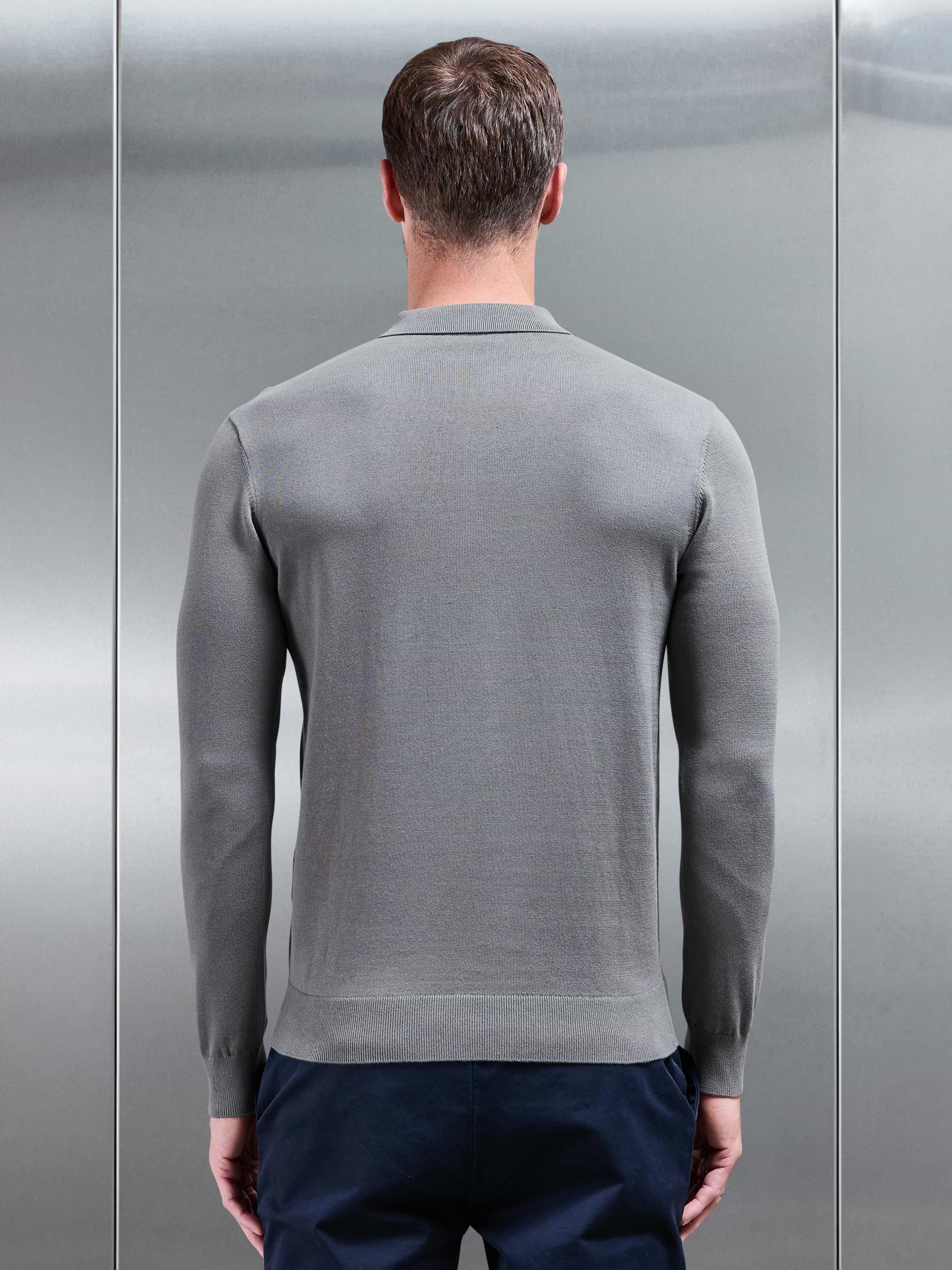 Cotton Knitted Long Sleeve Half Zip Polo Shirt in Sage