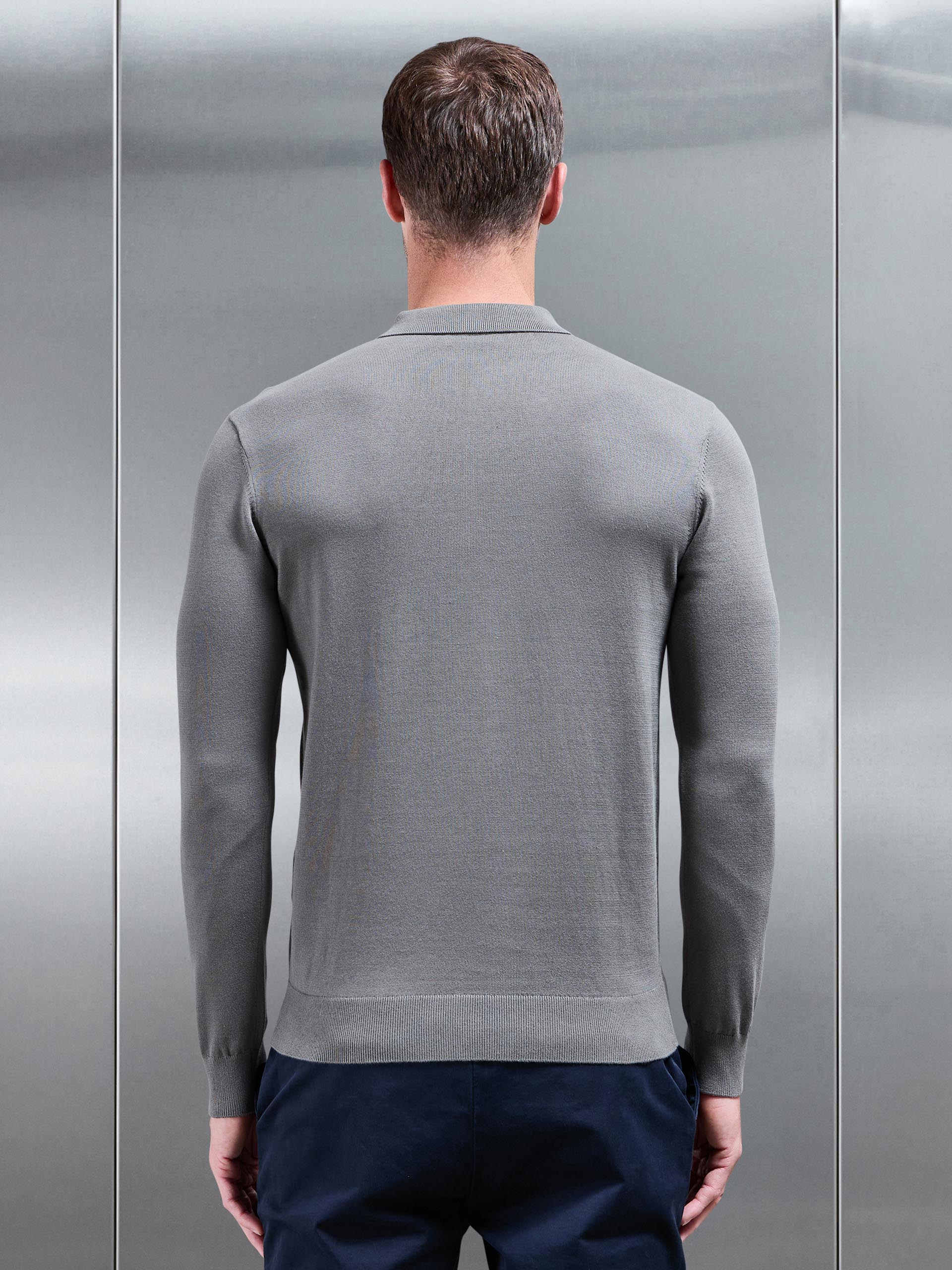 Cotton Knitted Long Sleeve Half Zip Polo Shirt in Sage