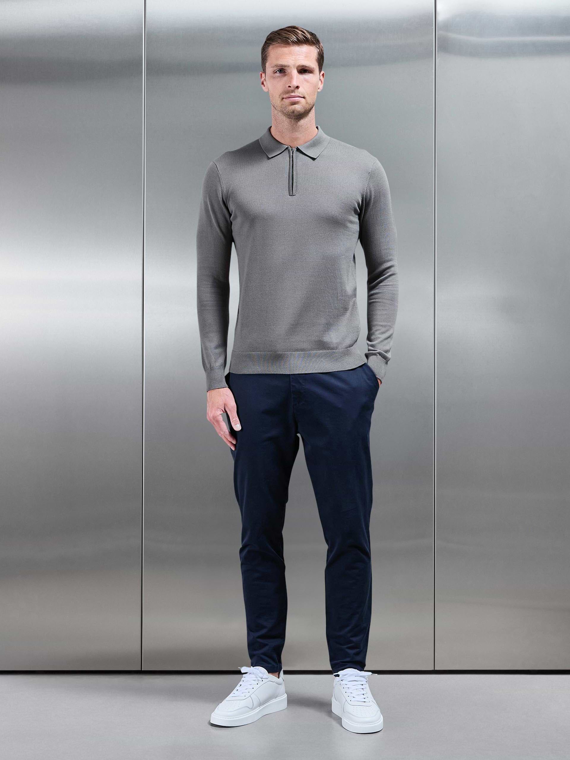 Cotton Knitted Long Sleeve Half Zip Polo Shirt in Sage