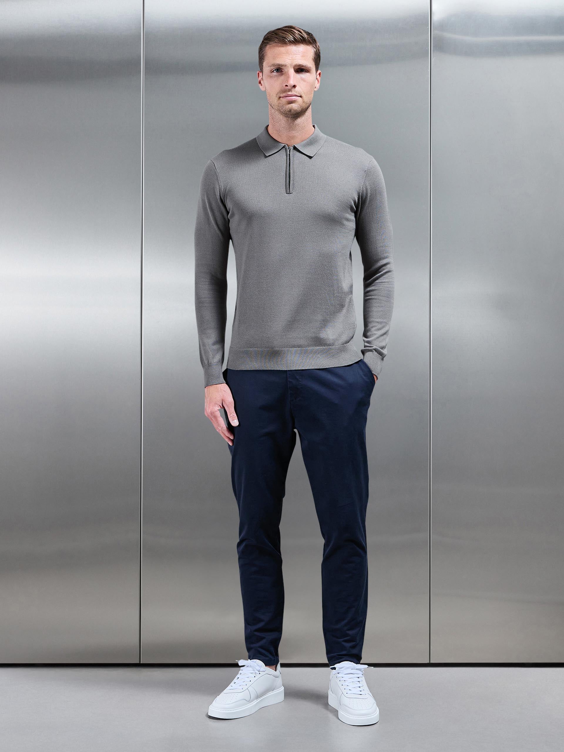 Cotton Knitted Long Sleeve Half Zip Polo Shirt in Sage