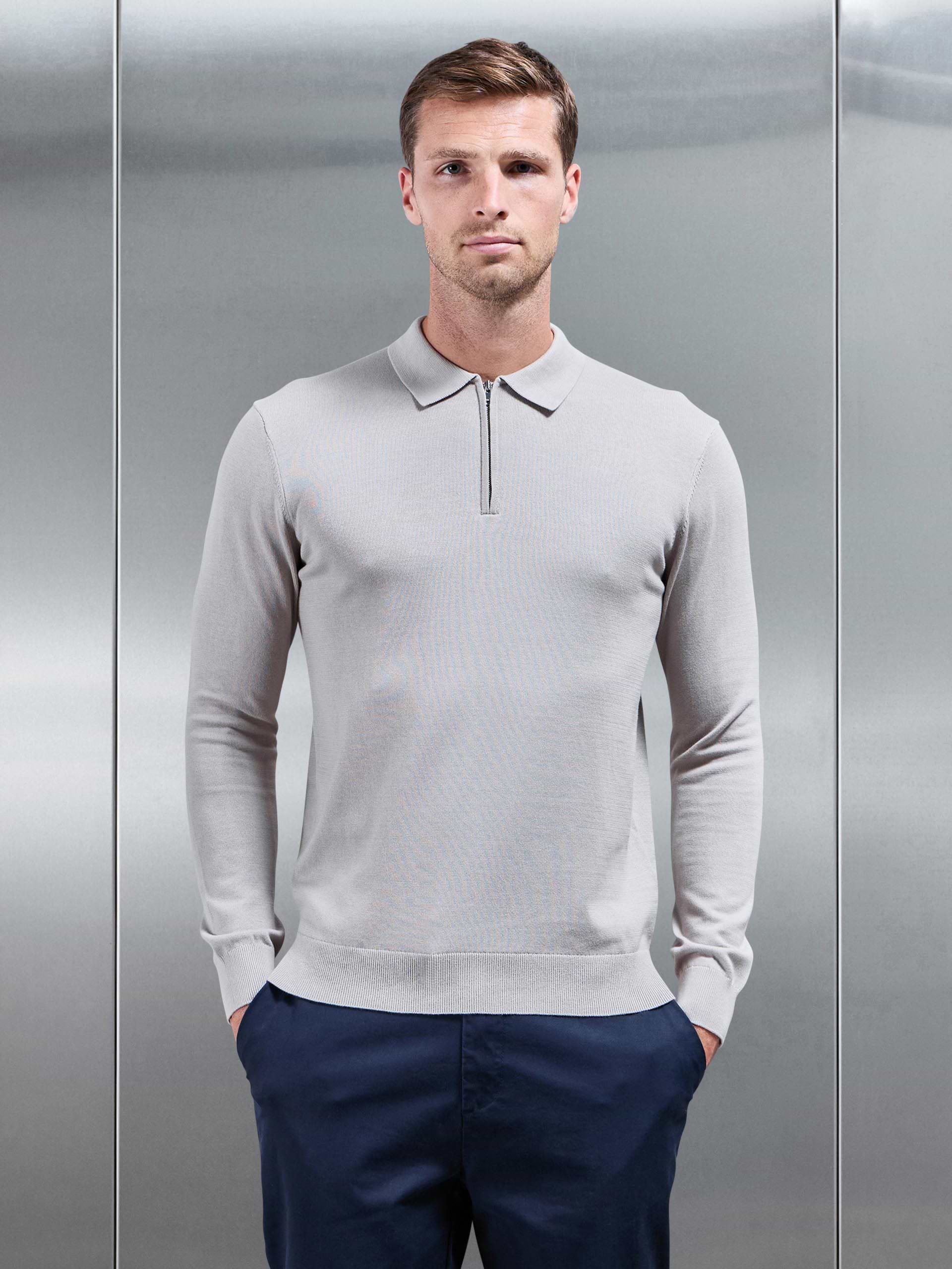 Cotton Knitted Long Sleeve Half Zip Polo Shirt in Stone