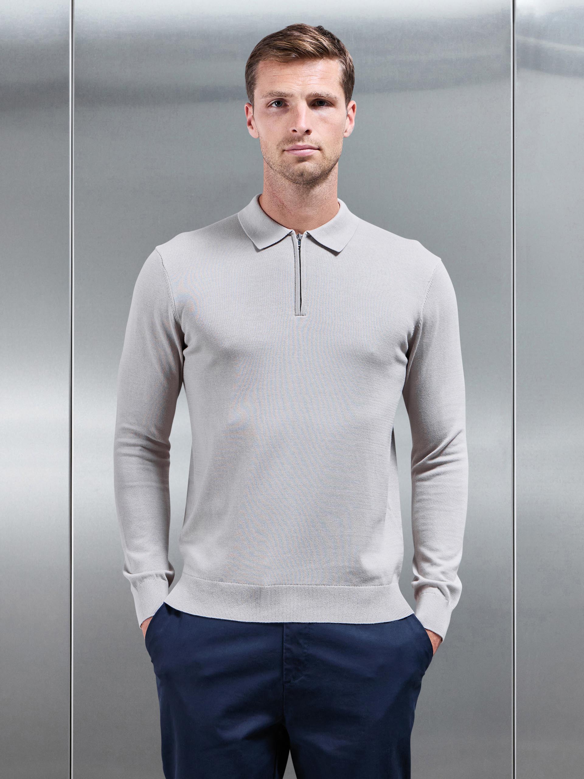 Cotton Knitted Long Sleeve Half Zip Polo Shirt in Stone