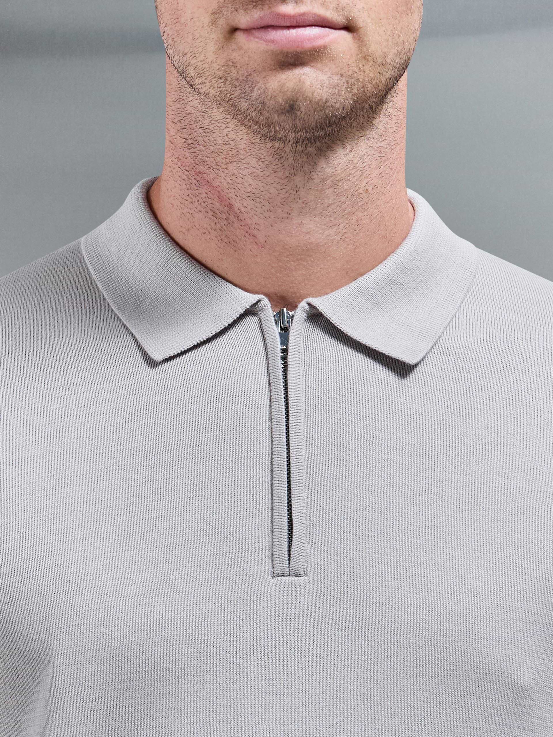 Cotton Knitted Long Sleeve Half Zip Polo Shirt in Stone