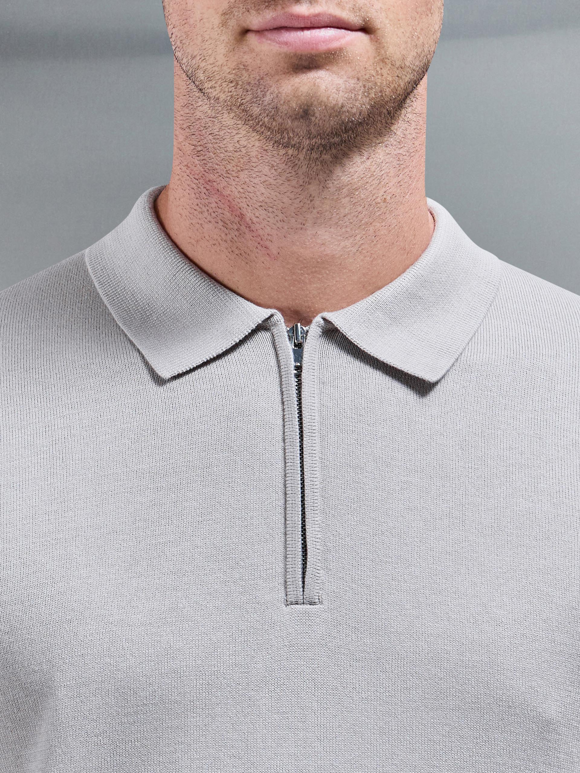 Cotton Knitted Long Sleeve Half Zip Polo Shirt in Stone