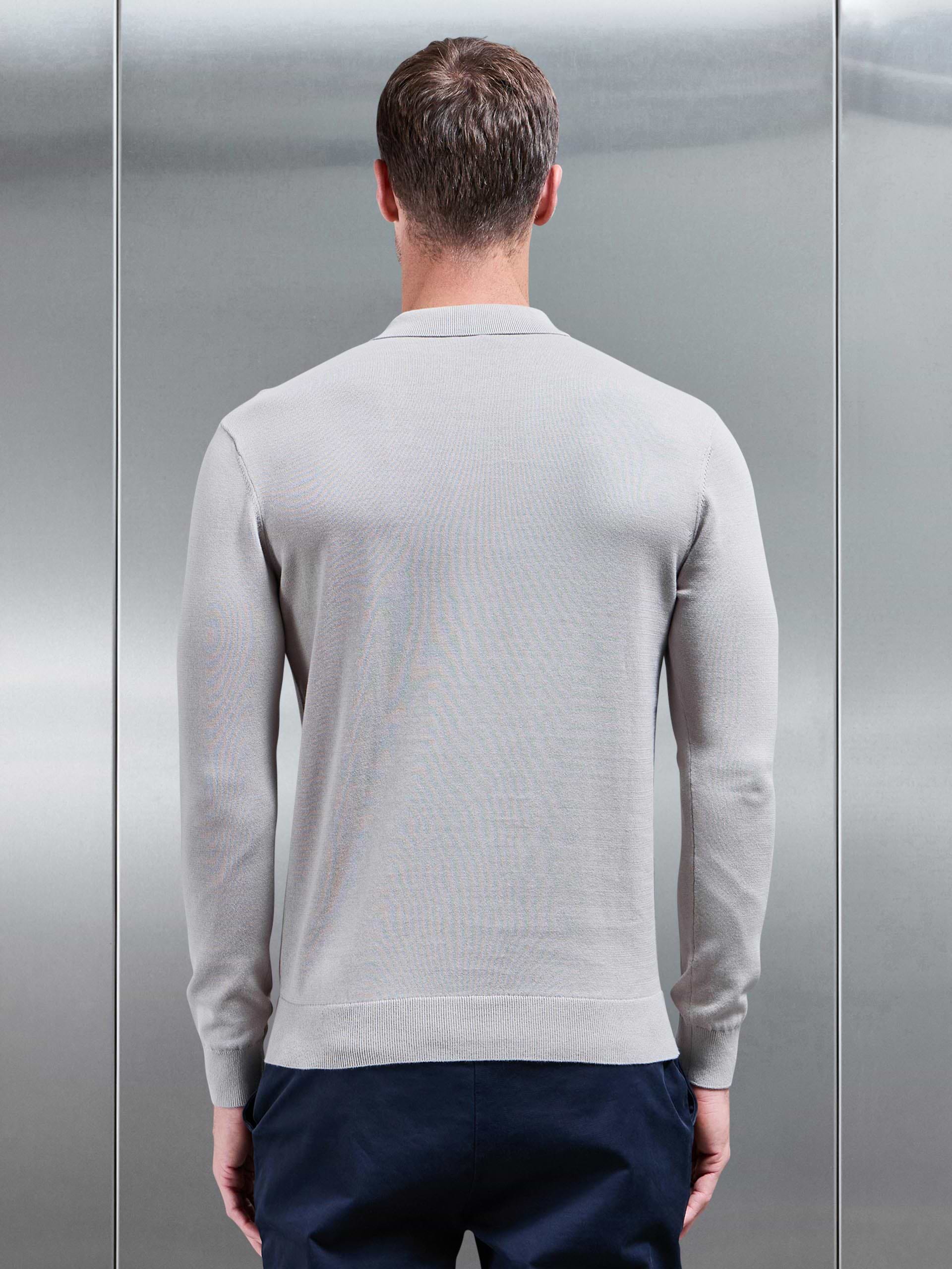 Cotton Knitted Long Sleeve Half Zip Polo Shirt in Stone