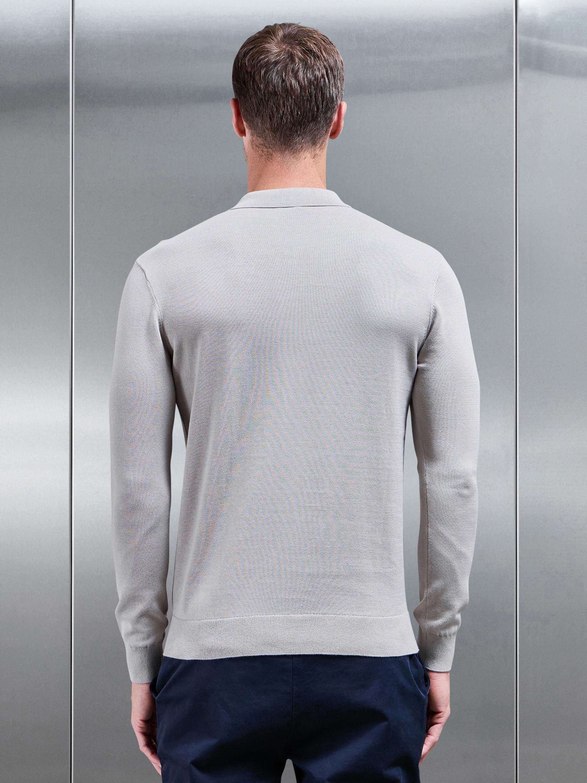 Cotton Knitted Long Sleeve Half Zip Polo Shirt in Stone