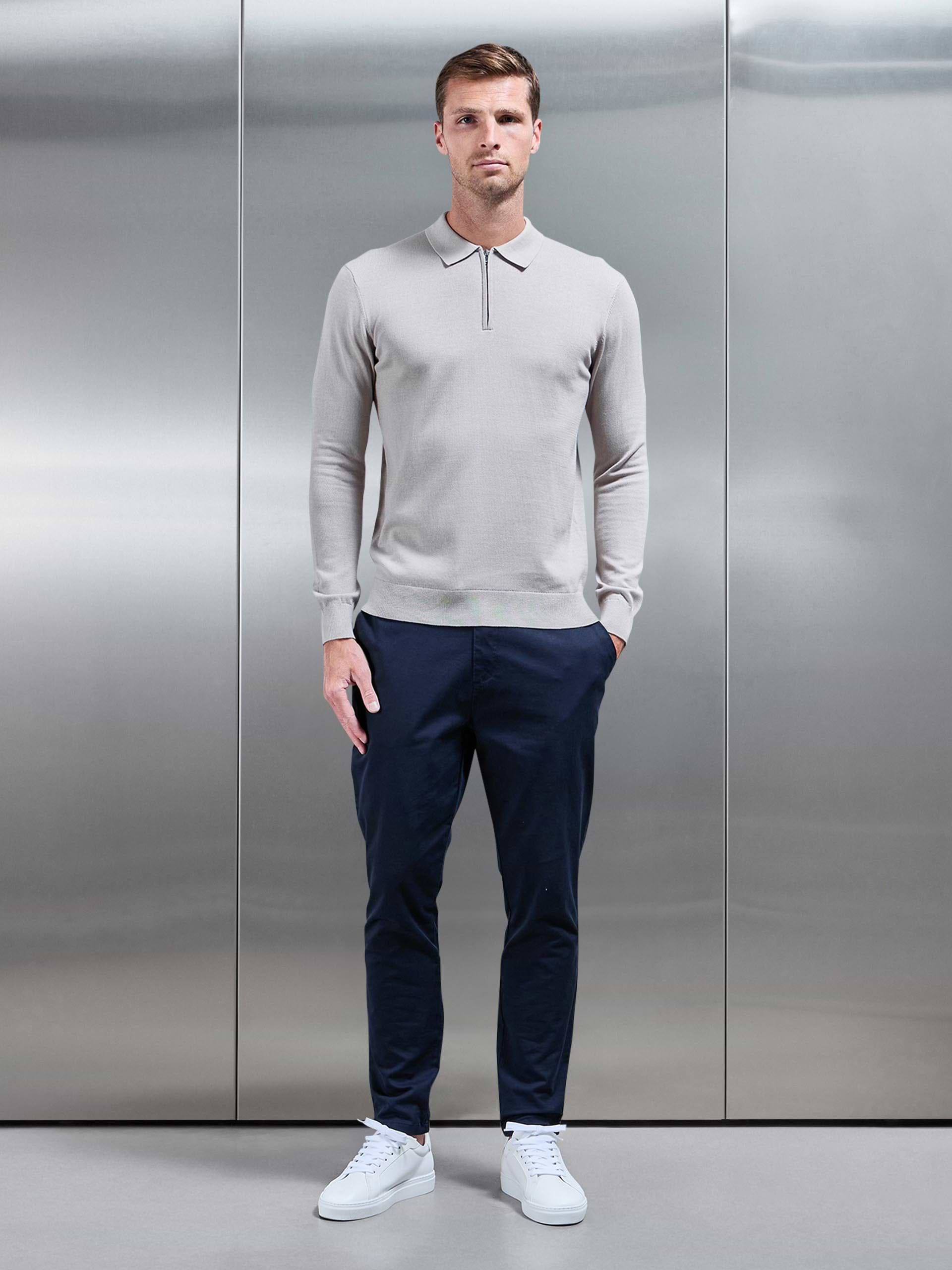 Cotton Knitted Long Sleeve Half Zip Polo Shirt in Stone