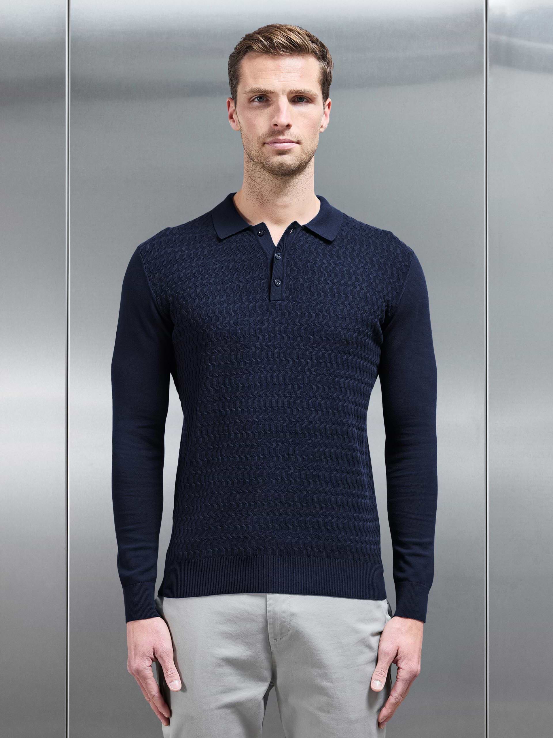 Cotton Knitted Long Sleeve Textured Polo Shirt in Navy