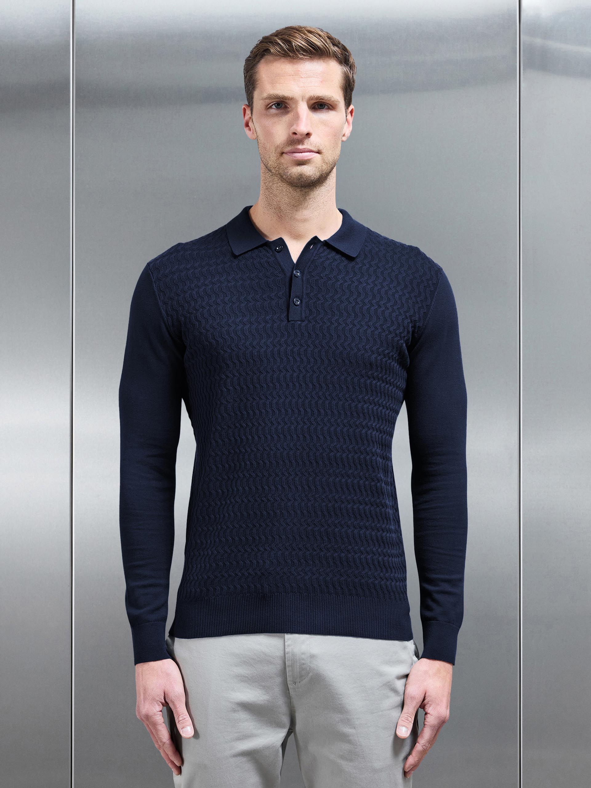 Cotton Knitted Long Sleeve Textured Polo Shirt in Navy