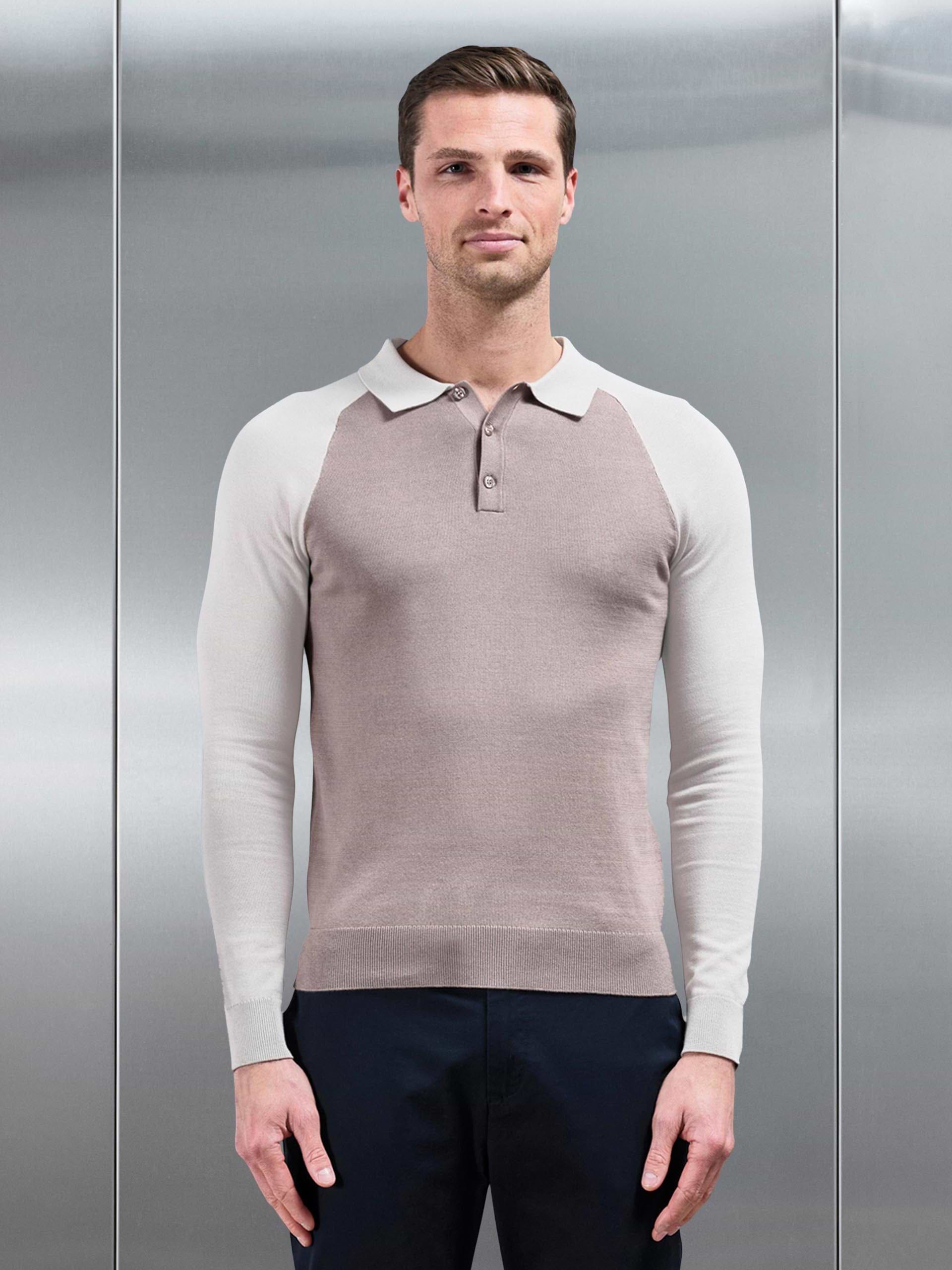 Cotton Knitted Raglan Polo Shirt in Stone