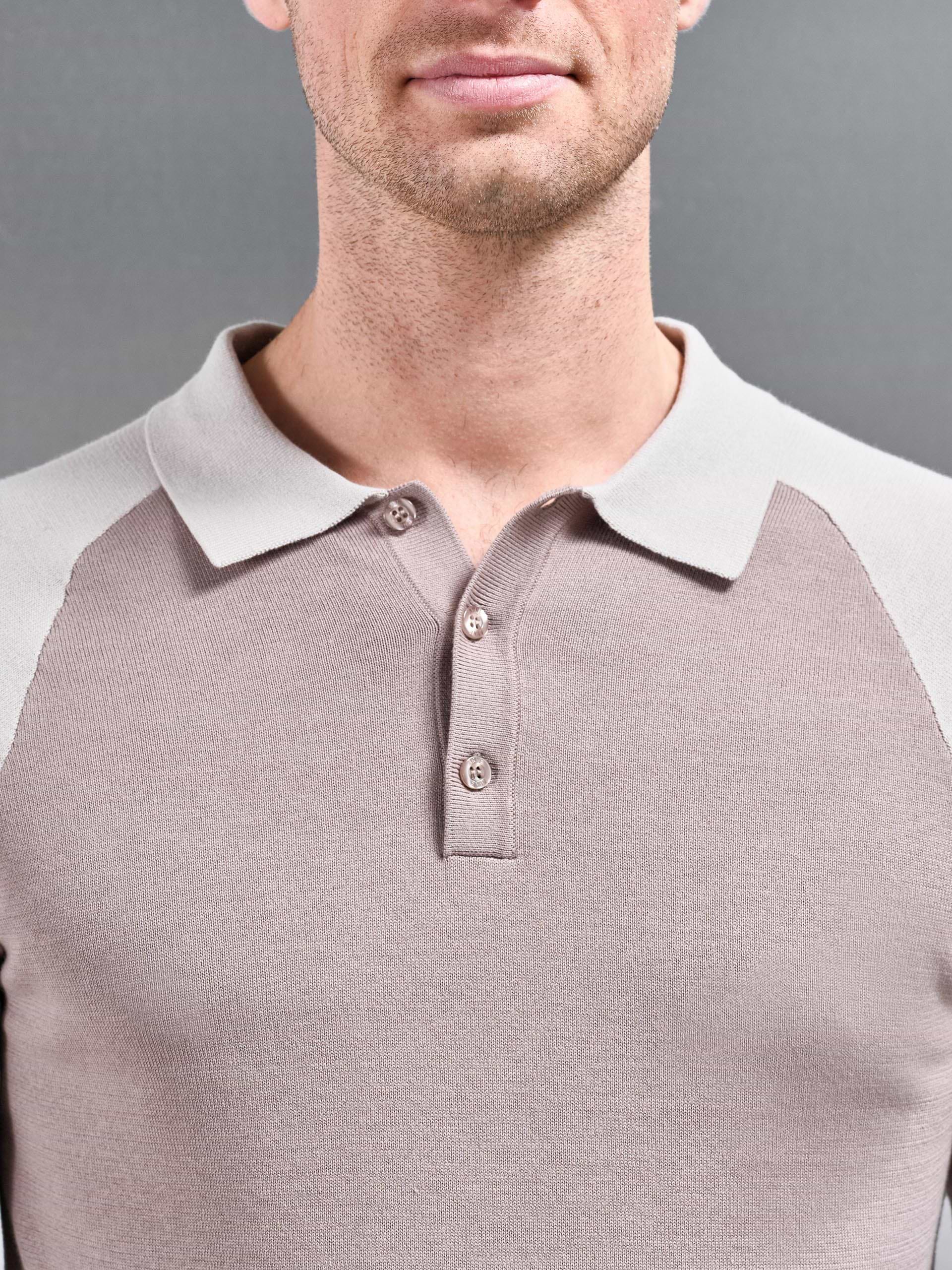 Cotton Knitted Raglan Polo Shirt in Stone