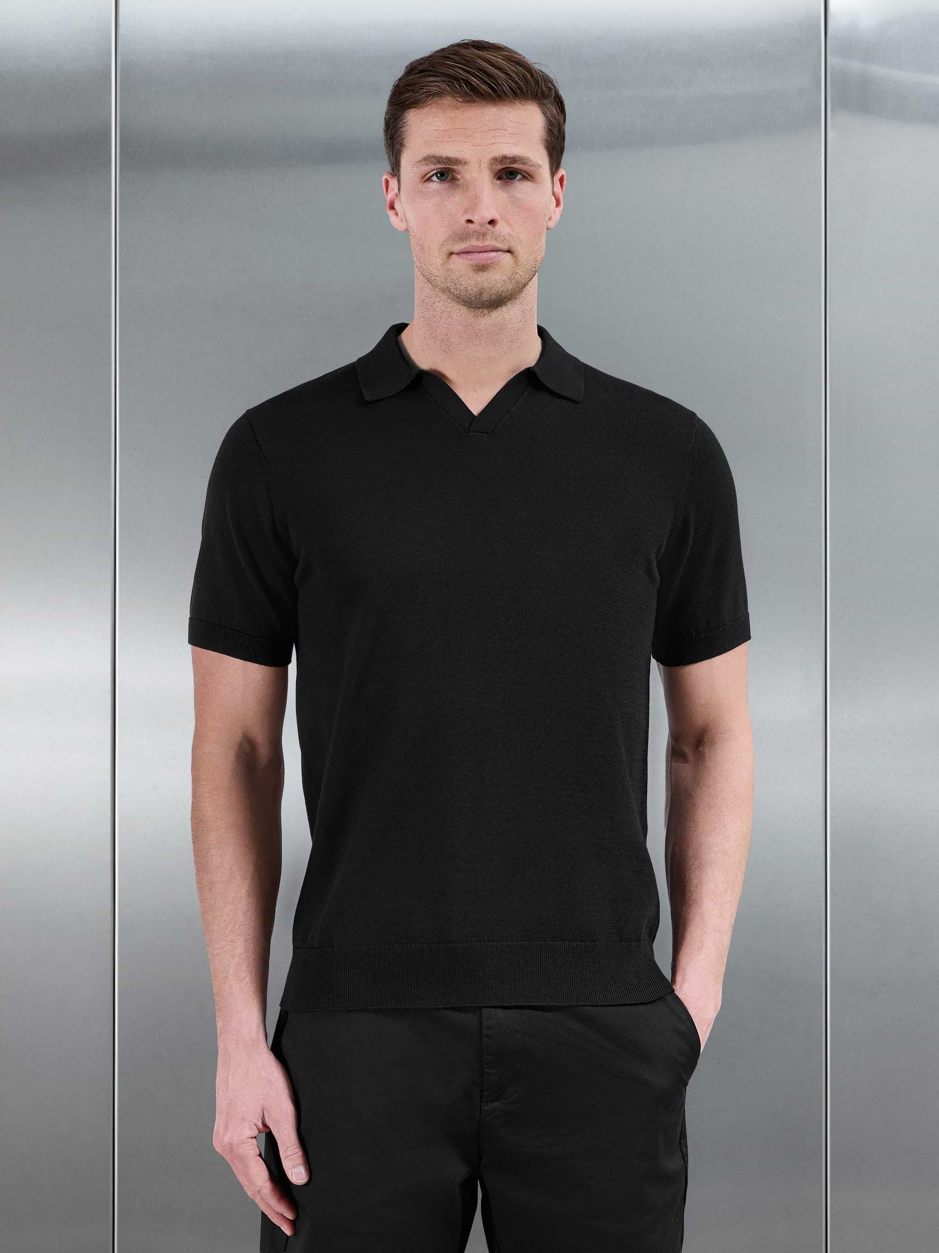 Cotton Knitted Revere Collar Polo Shirt in Black