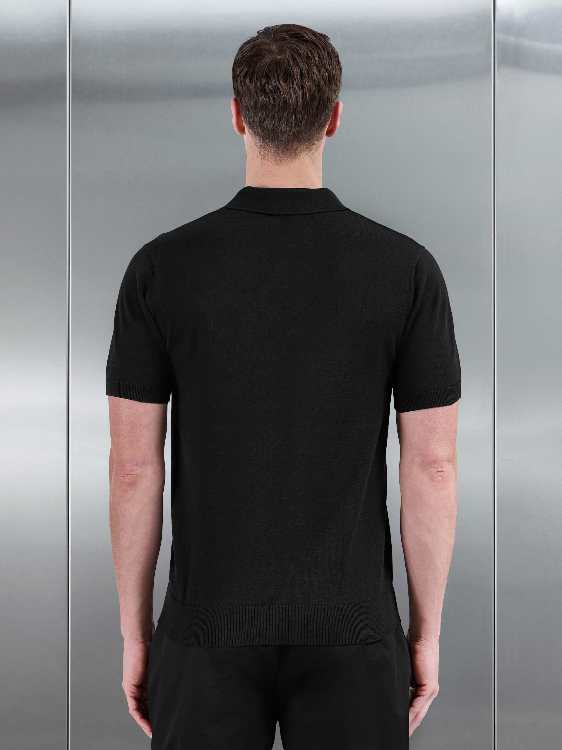 Cotton Knitted Revere Collar Polo Shirt in Black