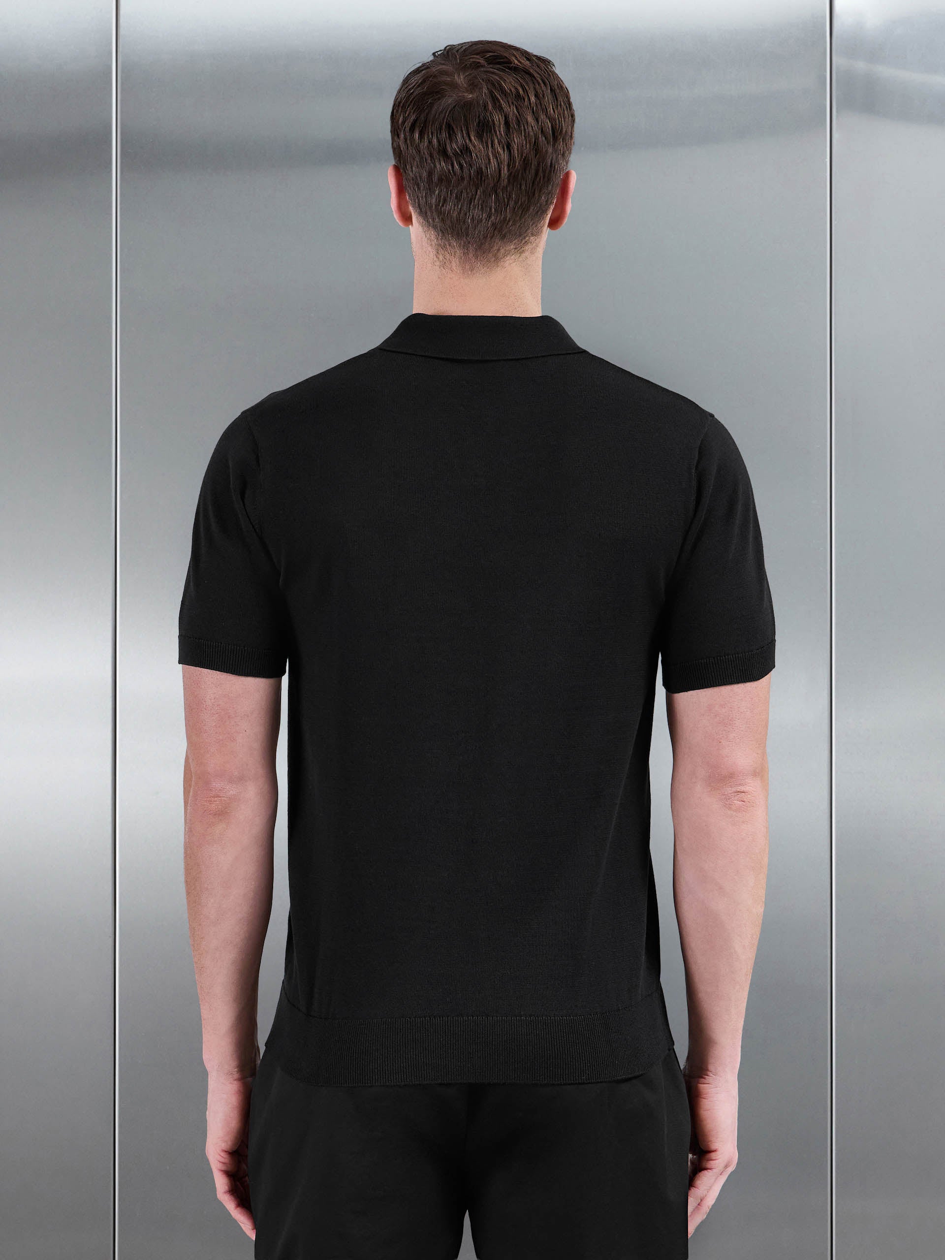 Cotton Knitted Revere Collar Polo Shirt in Black