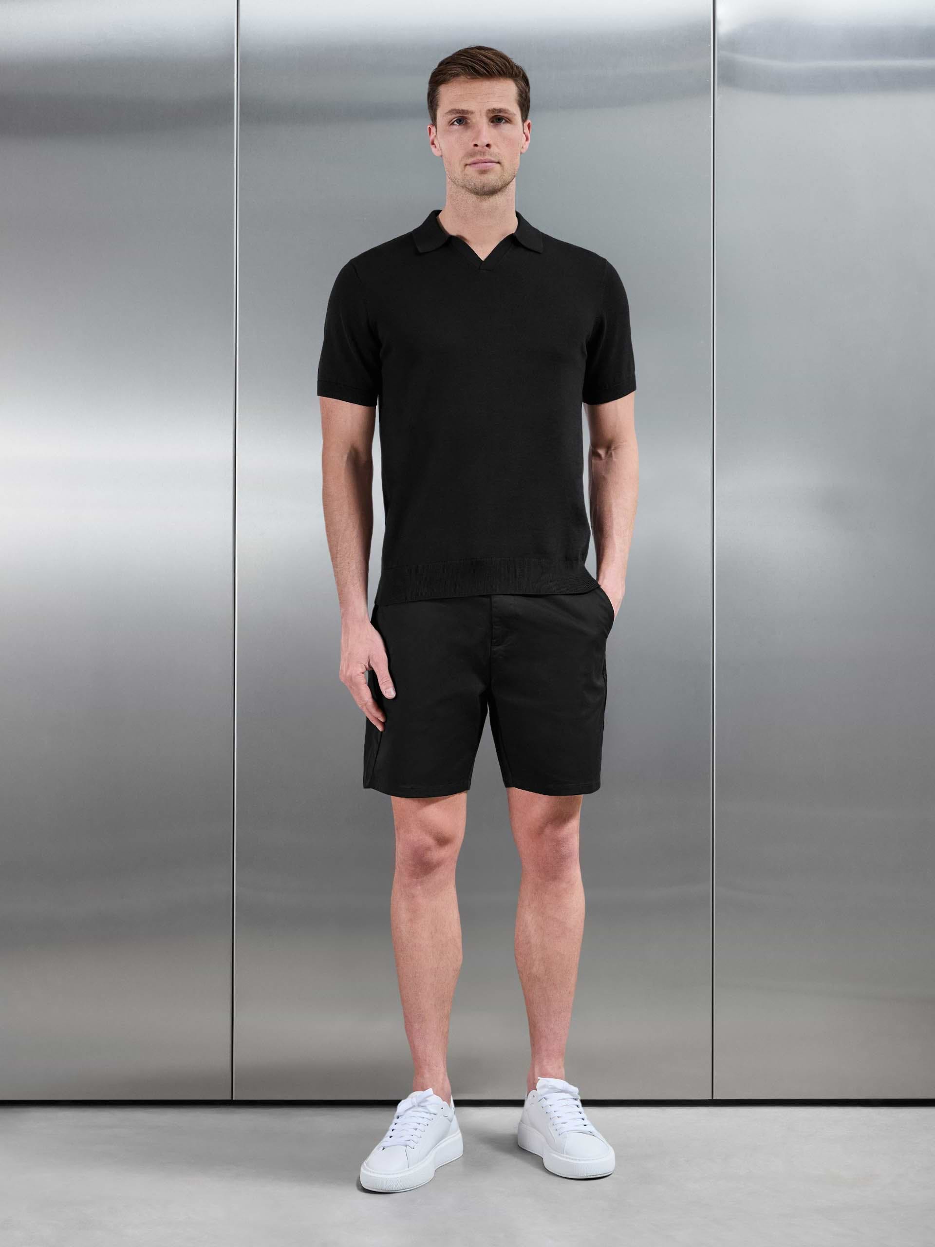 Cotton Knitted Revere Collar Polo Shirt in Black