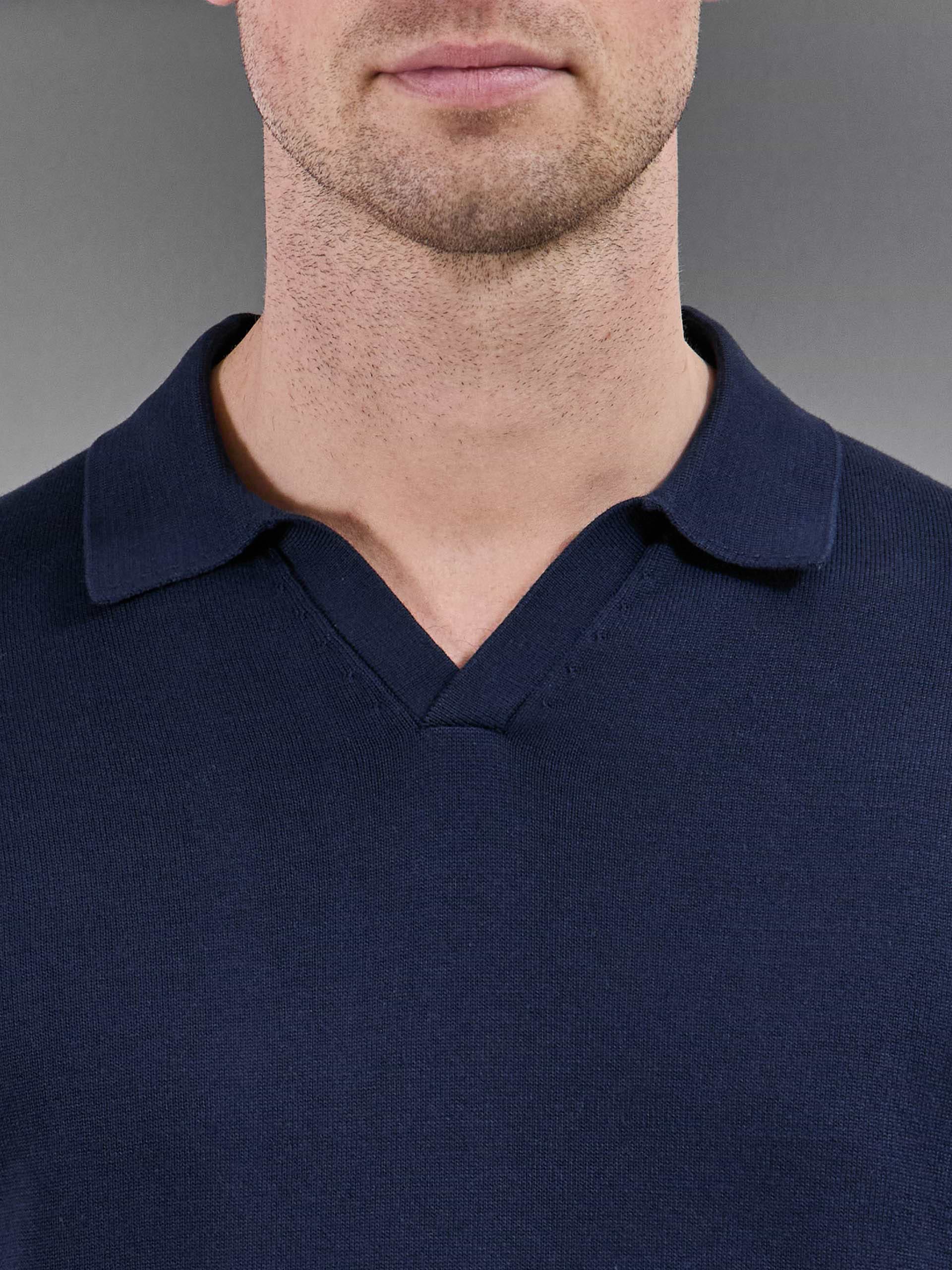 Cotton Knitted Revere Collar Polo Shirt in Navy
