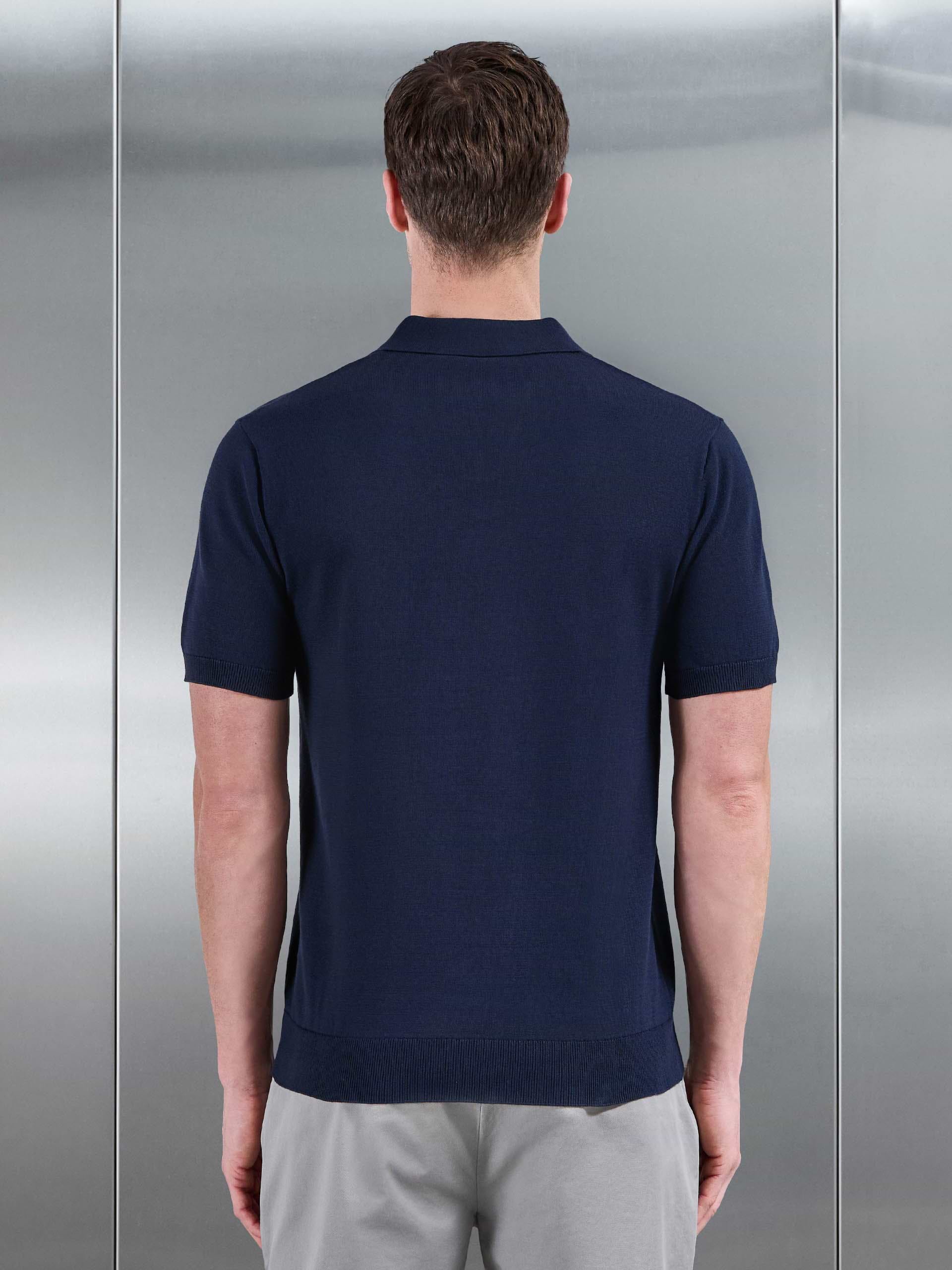 Cotton Knitted Revere Collar Polo Shirt in Navy
