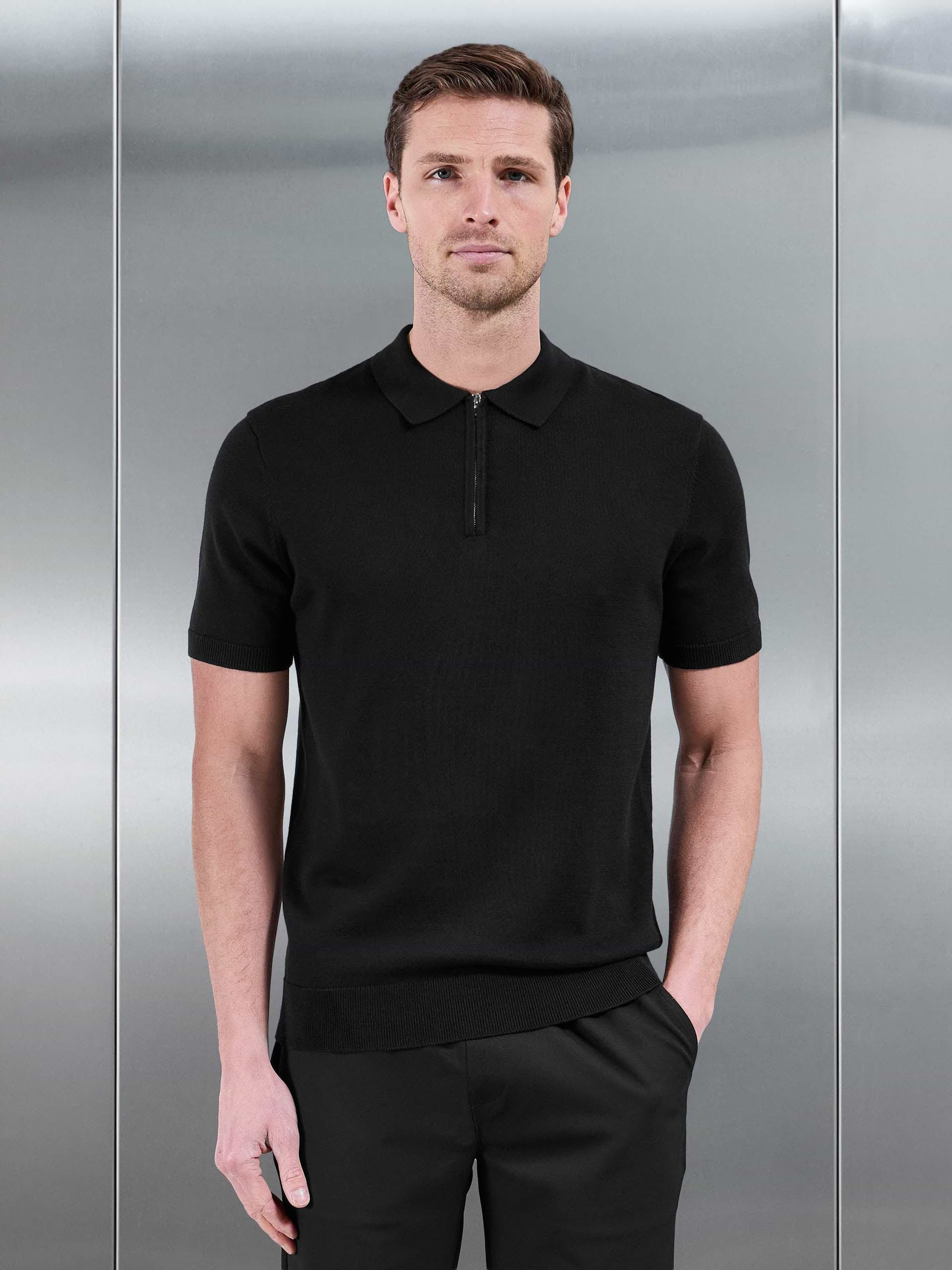 Cotton Knitted Zip Polo Shirt in Black