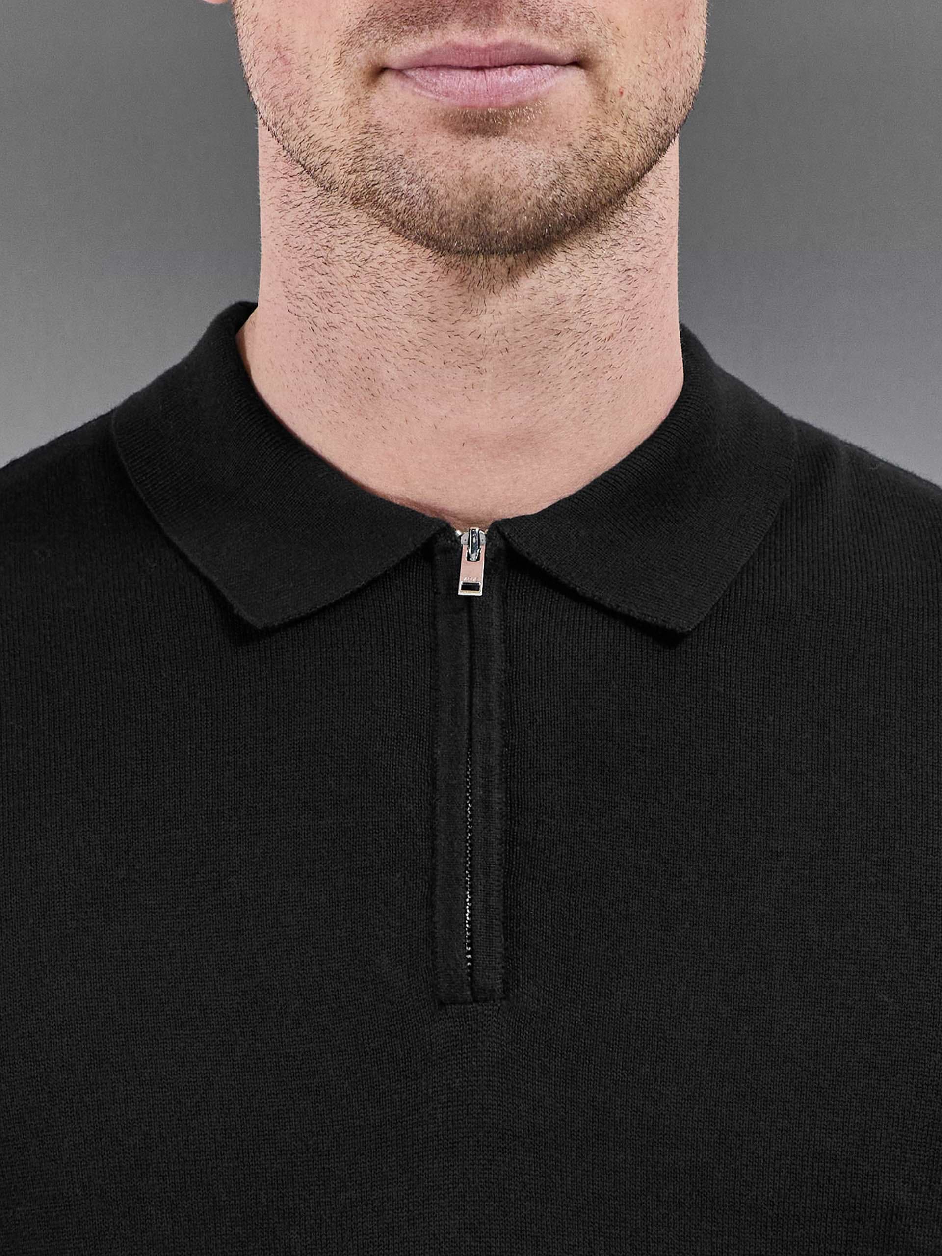 Cotton Knitted Zip Polo Shirt in Black