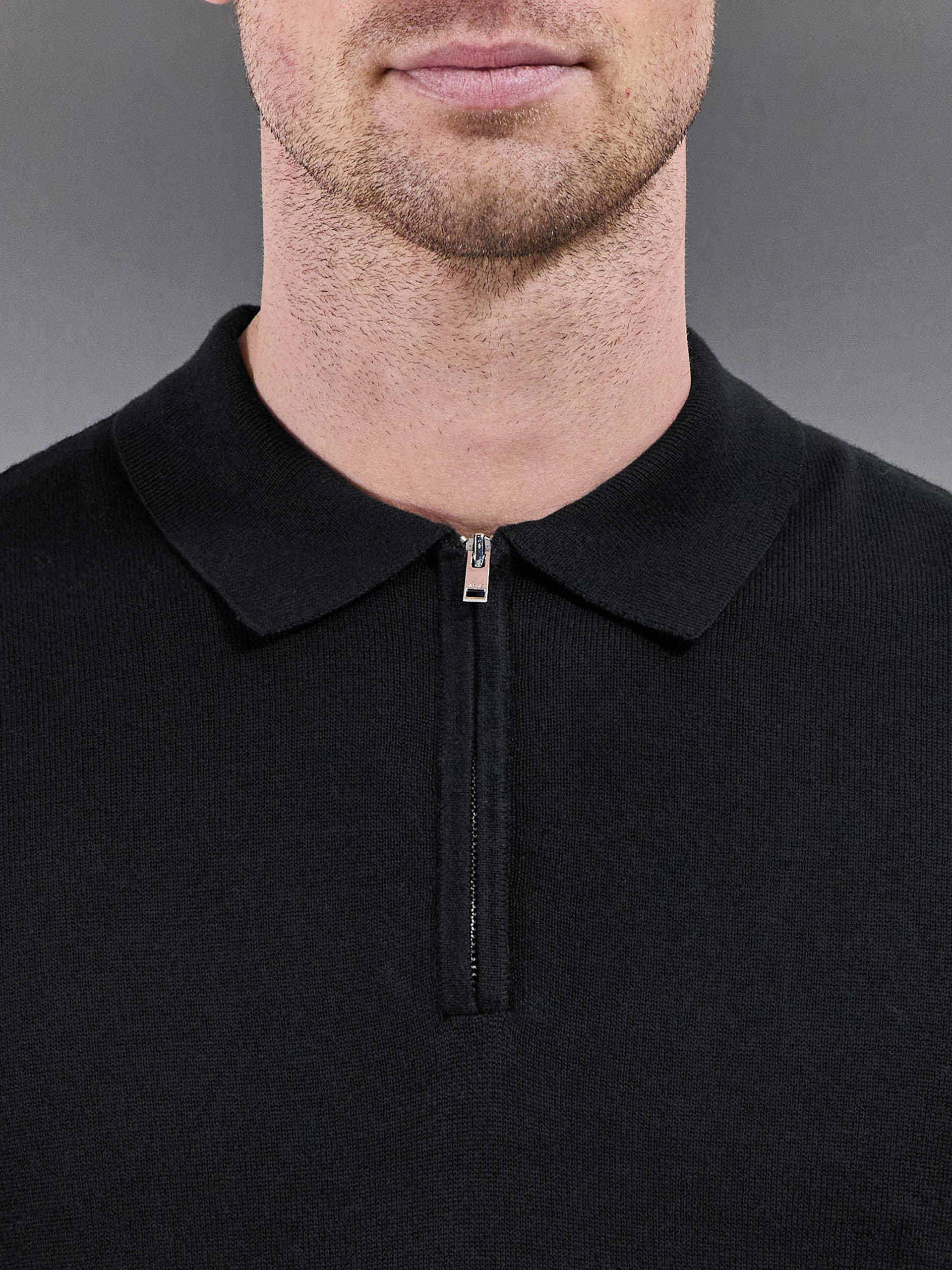 Cotton Knitted Zip Polo Shirt in Black