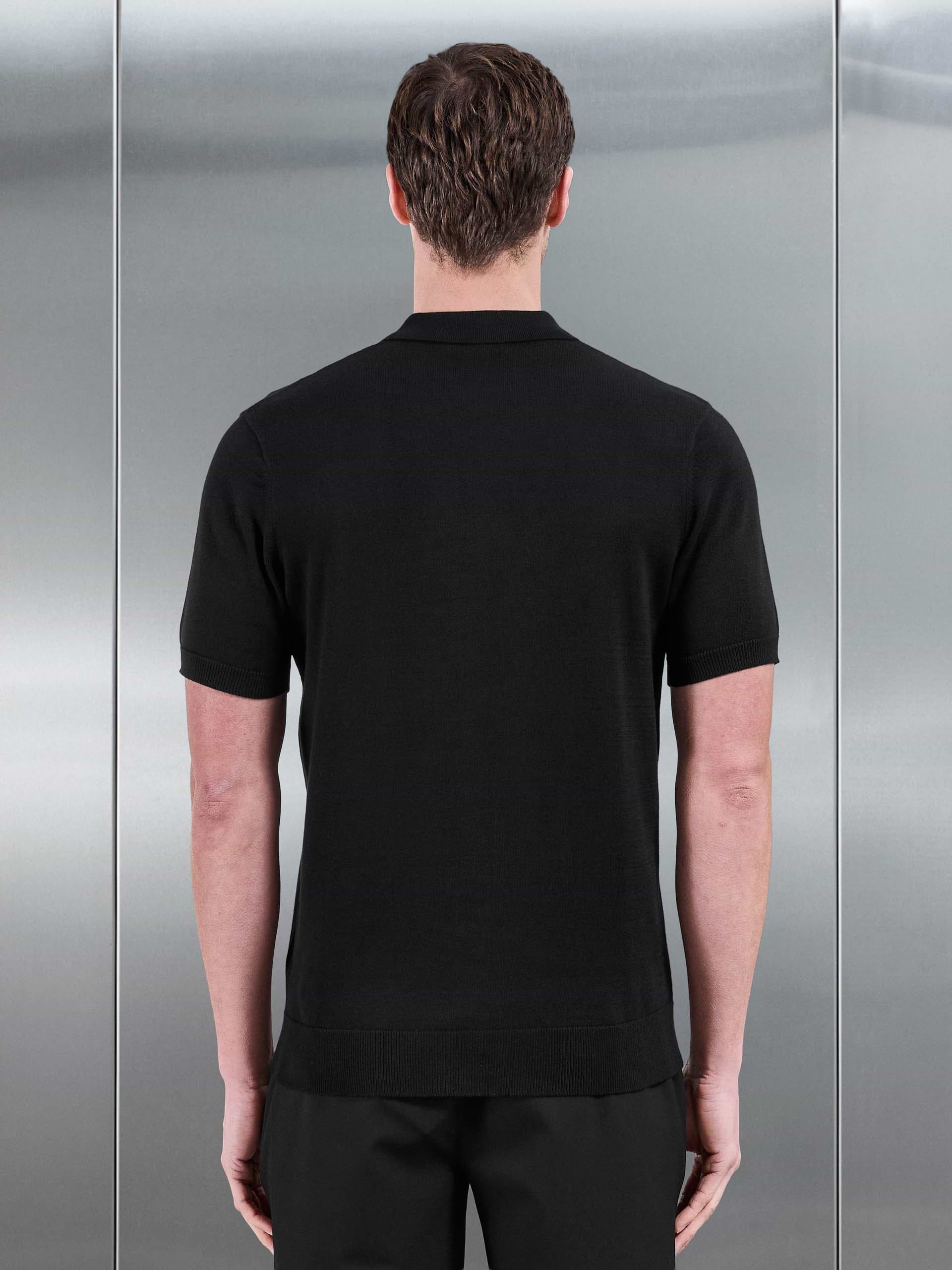Cotton Knitted Zip Polo Shirt in Black