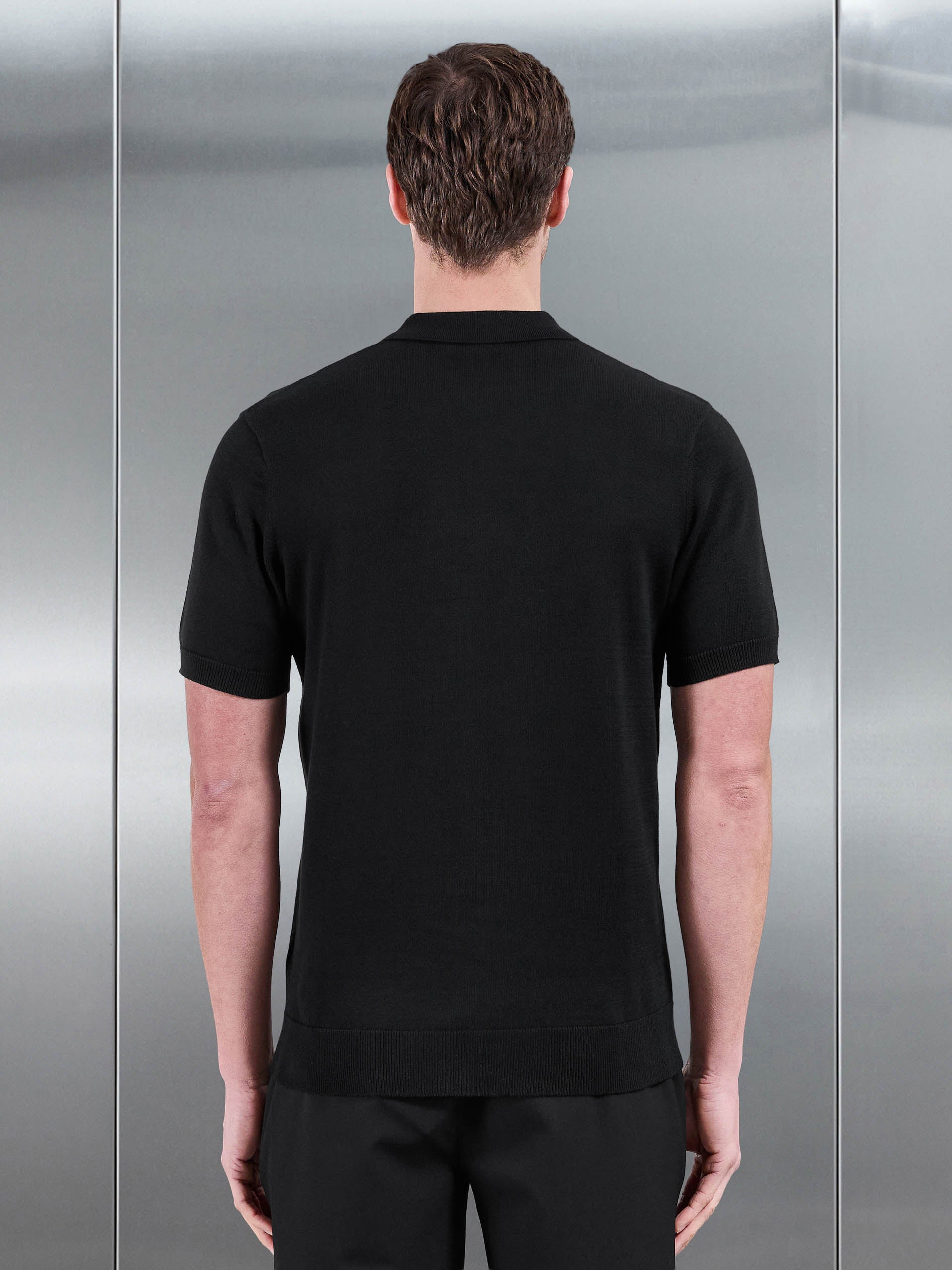 Cotton Knitted Zip Polo Shirt in Black