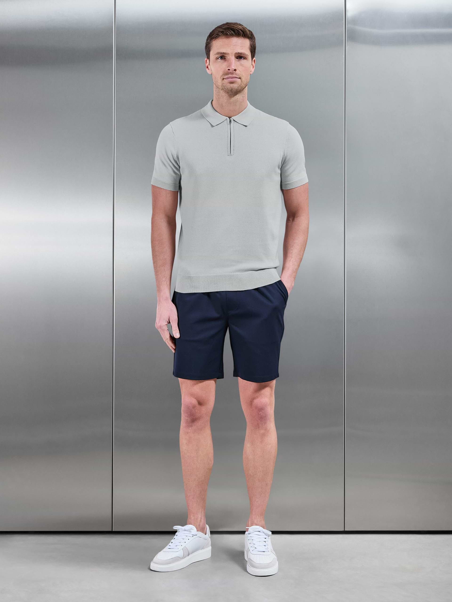Cotton Knitted Zip Polo Shirt in Mid Grey