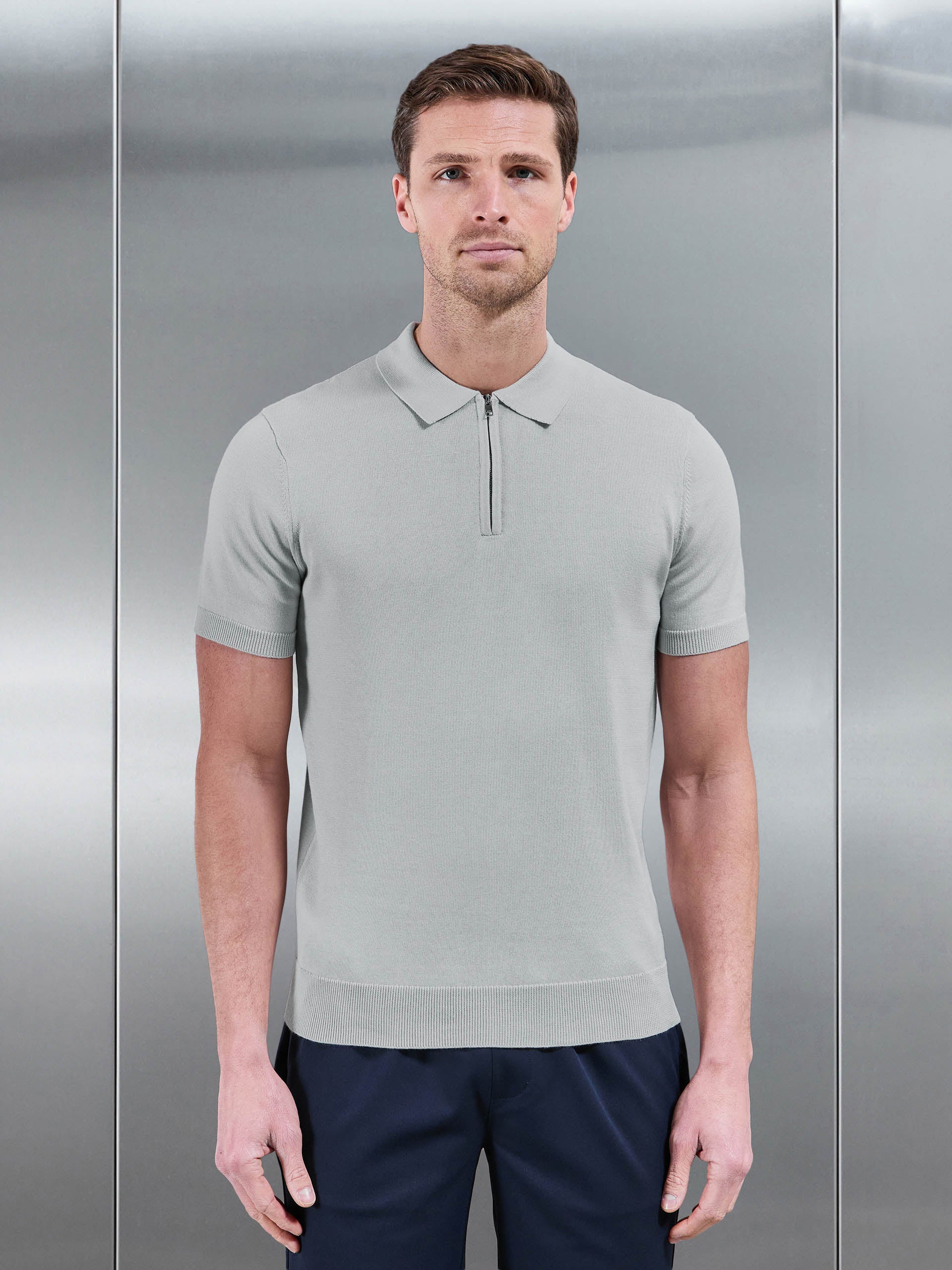Cotton Knitted Zip Polo Shirt in Mid Grey